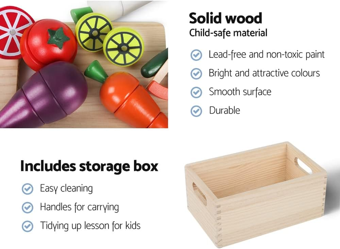 Keezi Kids Kitchen Set 29Pcs Pretend Play Food Playset Wooden Toys Children Cooking Cookware Sets Knife Safe Cutting Veggies Fruits Toy Home Cubby Furniture, Magnetic Connected Multicoloured image number 6