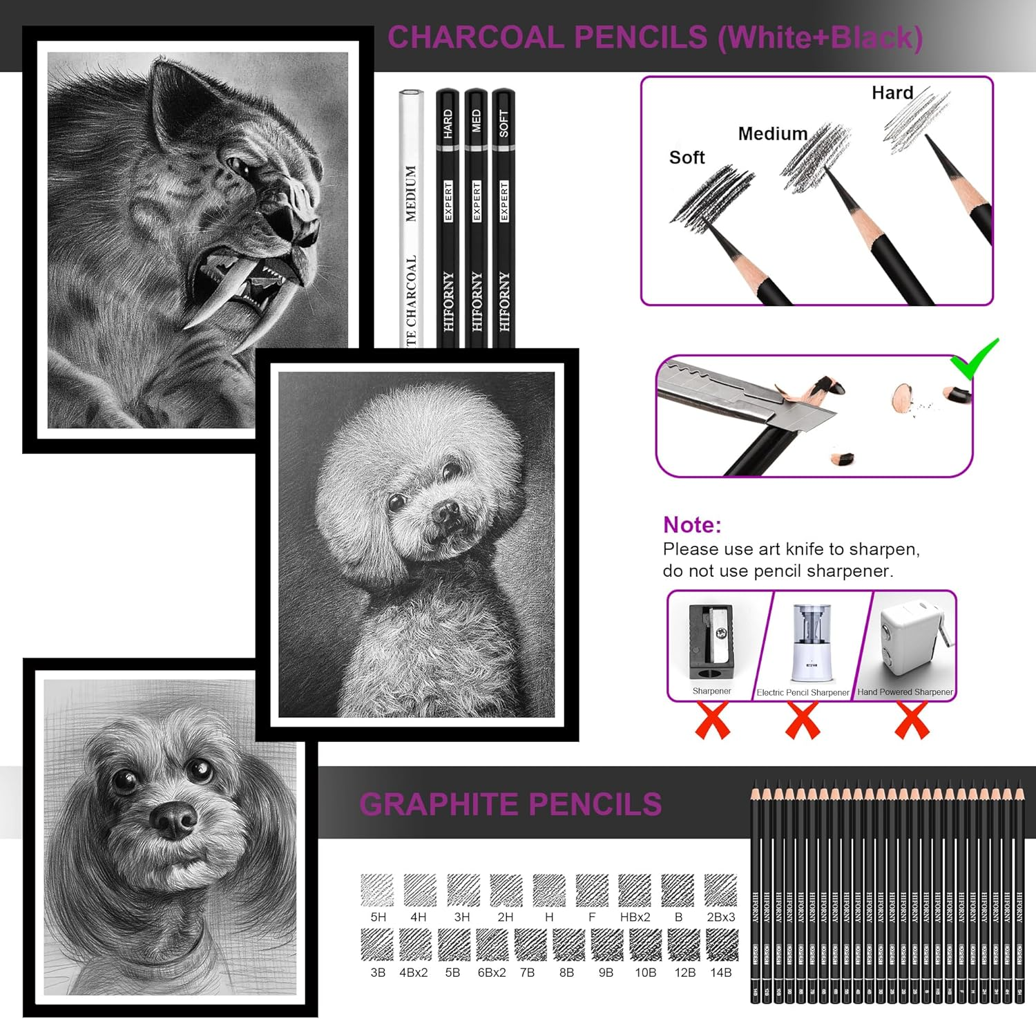 58 PCS Drawing Kit Sketching Pencil Set,Sketch Pencils Art Supplies with 3-Color Sketchbook,Graphite,Charcoal,Blending Tools,Drawing Pencils for Adults Artists image number 5