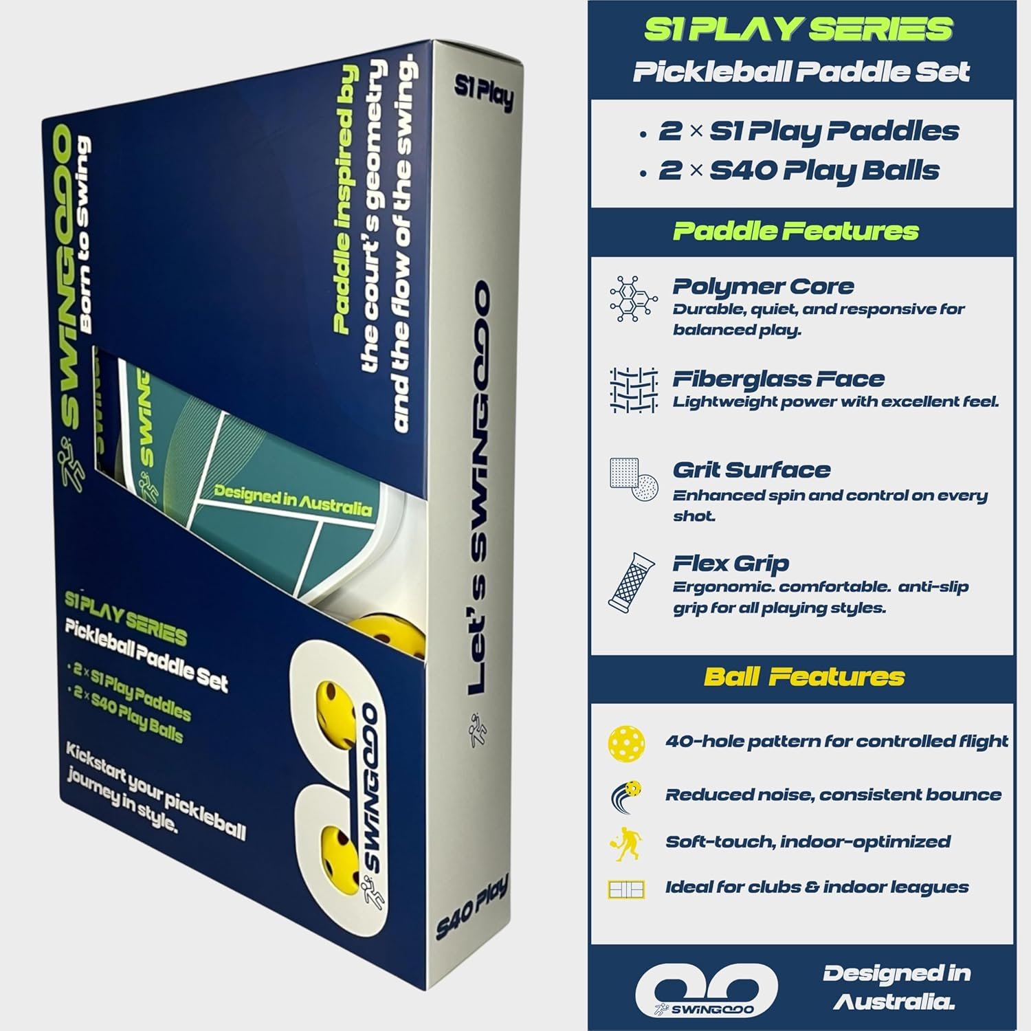 Swingooo Pickleball Paddle Set, 2 Composite Face Paddles with Polymer Core, 220G, Cushion Grip, Includes 2 S40 Play Balls, Beginner Level