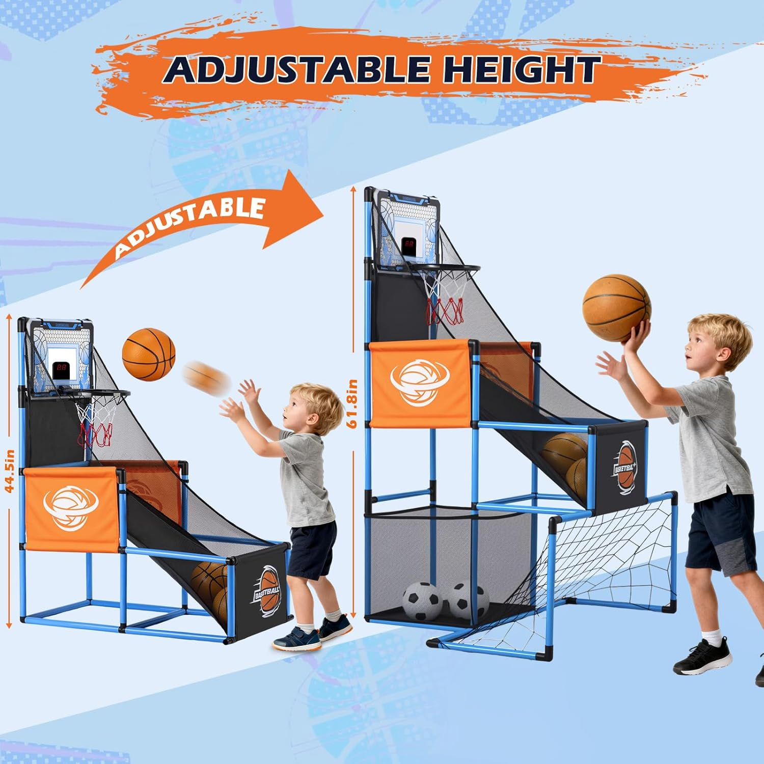 2 in 1 Basketball Arcade Game & Soccer Goal for Kids, Adjustable Kid Basketball Hoop with 6 Balls and Pump, Indoor Outdoor Games for Kid Toys for 3-12 Year Old Kids Birthday Gifts for Boys Girls image number 1