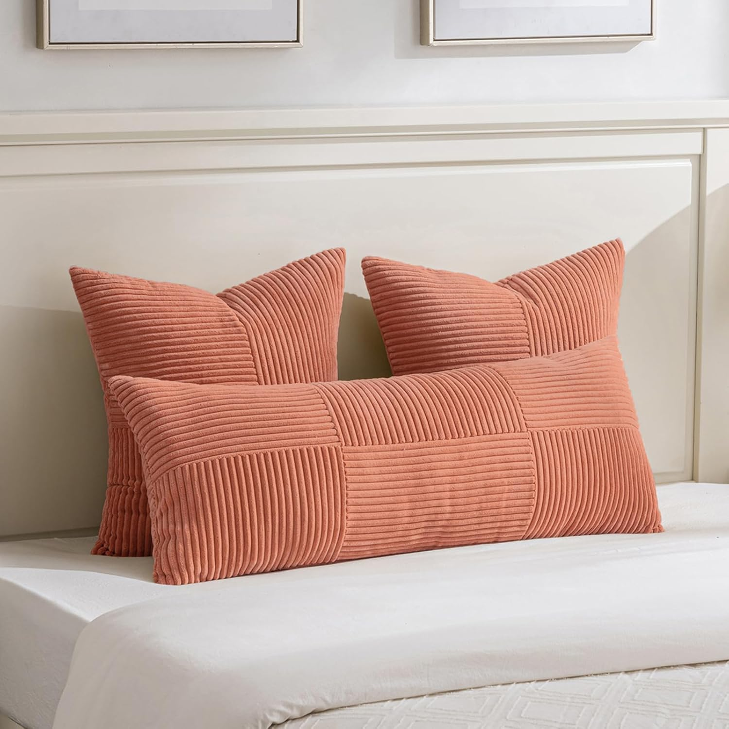 Fancy Homi 2 Packs Coral Decorative Throw Pillow Covers 18X18 Inch for Living Room Couch Bed, Rustic Farmhouse Boho Home Decor, Soft Corss Corduroy Patchwork Textured Peach Cushion Case 45X45 Cm image number 3