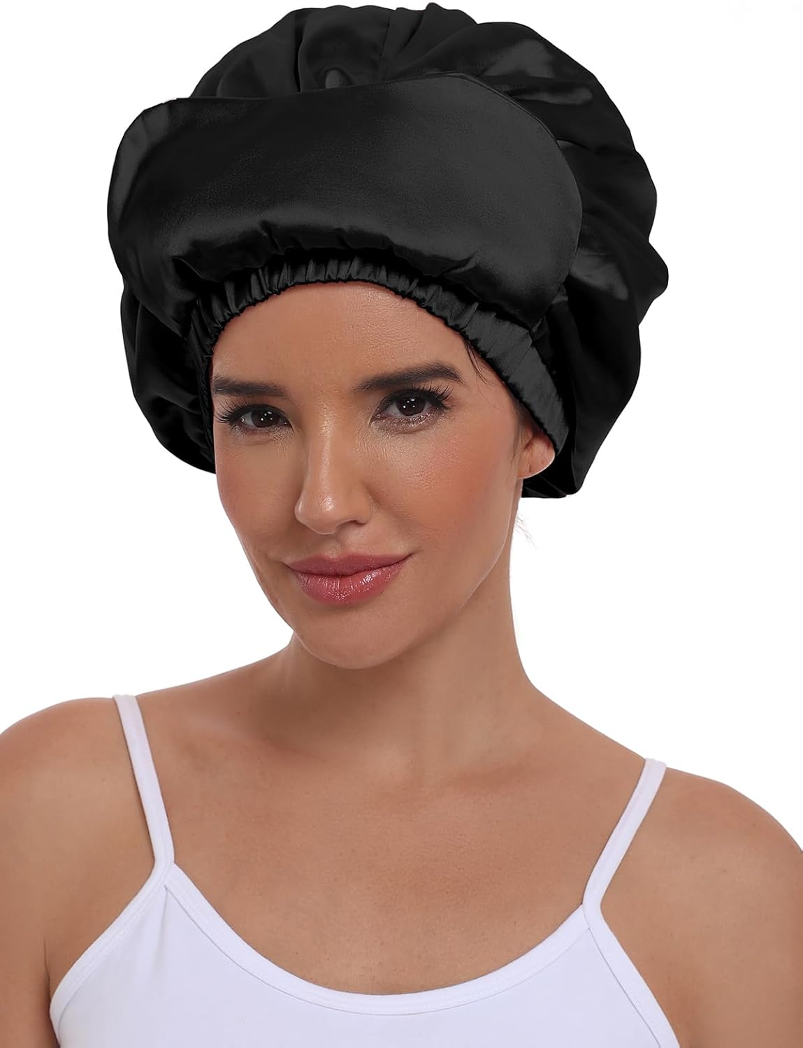 Vettres Double Layer Satin Bonnet with Eye Mask Adjustable Silk Sleep Cap Turban Style Hair Wrap for Curly Hair Black - Pink Strawberry image number 6