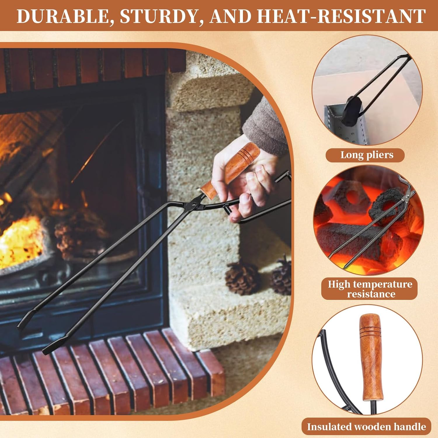 Heavy Duty Fireplace Tong Log Grabber with PU Leather Cover- 40CM Fireplace Tong with Rubber Grip for Campfire, Fire Pit, BBQ, Wood Stove, Durable Fireplace Poker for Handling Hot Logs (Black Cover) image number 2