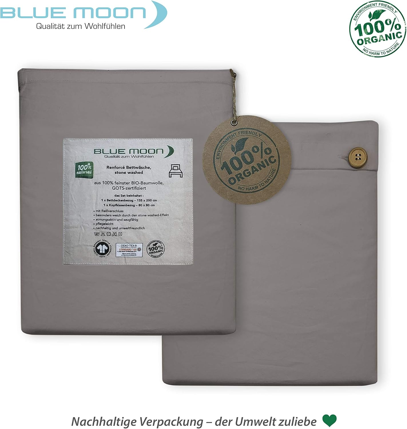 Bed Linen Organic Renforce Stone-Washed 100% Cotton - Modern Used Look Linen Look (Grey, 200 X 220 Cm)