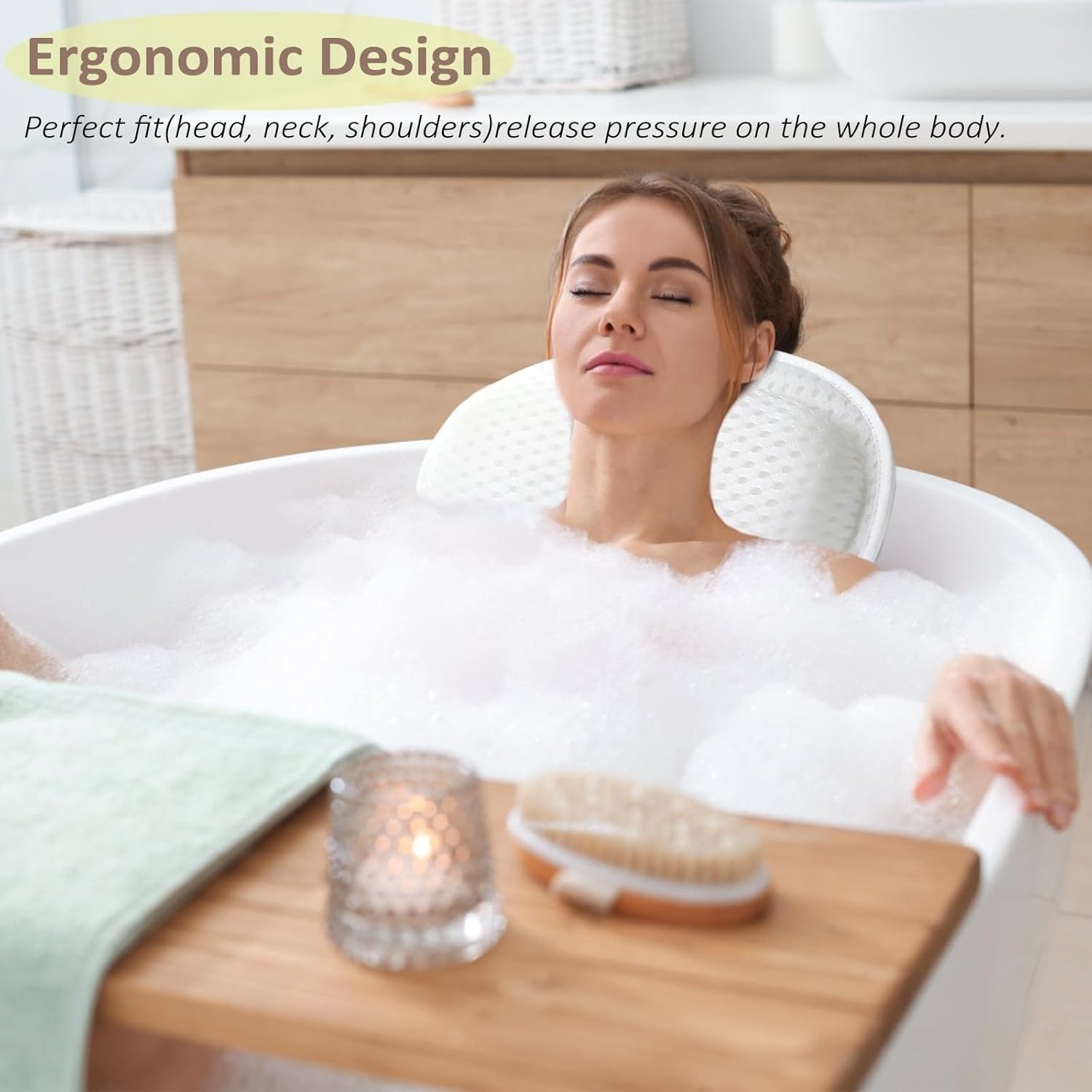 Bath Pillow Bathtub Pillow, Luxury Bathtub Spa Pillow for Neck and Back Support, Quick Dry Bath Tub Pillow with Soft 4D Mesh Fabric and Non-Slip Suction Cups, Relaxing Bath Accessories Spa Gifts