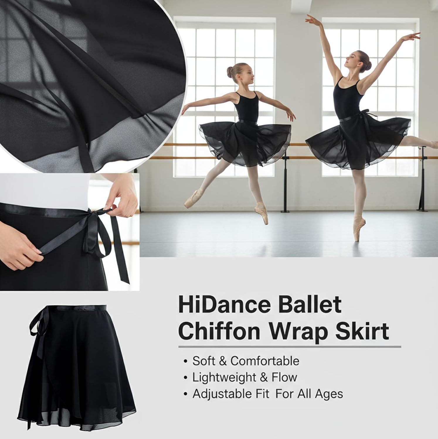 Ballet Skirt Chiffon Wrap Dance Skirt for Women/Girls,Ballet Pull-On Skirt Black image number 1