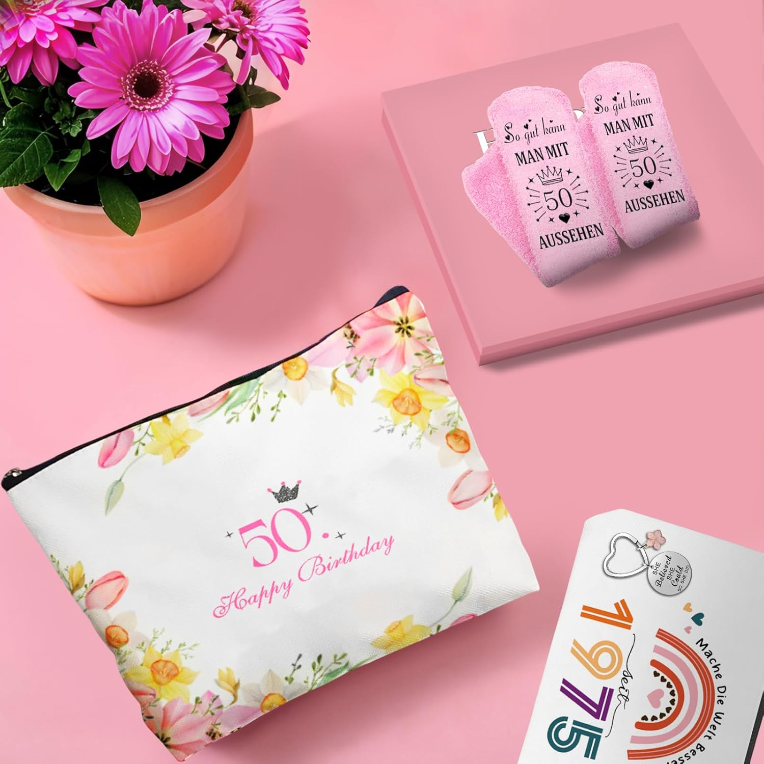 50Th Birthday Gift Set for Women, Cosmetic Bag with Keyring and Cuddly Socks, Birthday Gift Set 1975 image number 5