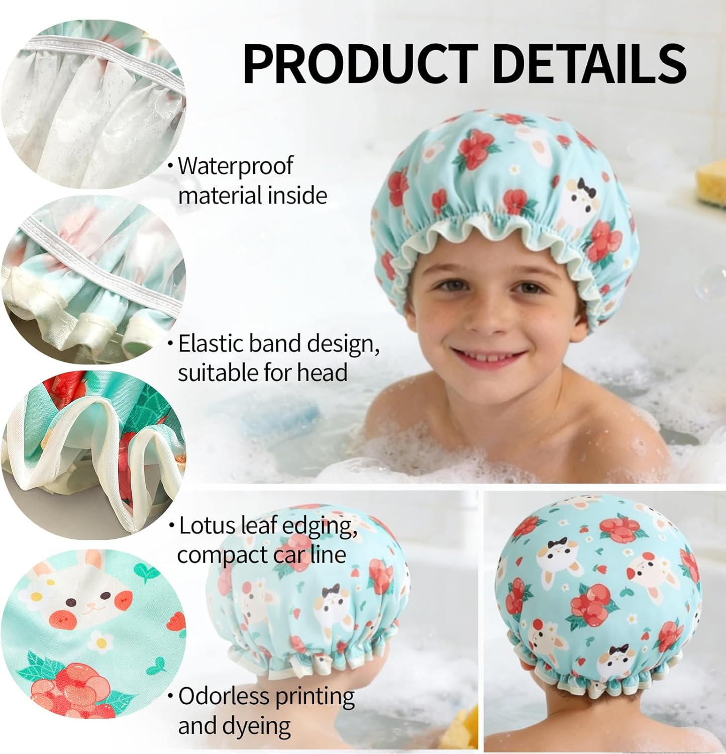 3-Pack Kids Shower Cap, Double-Layer Waterproof Shower Cap - Rabbit & Strawberry & Bear Cartoon Patterns, Adjustable Elastic Band, Soft Kids Sleeping Cap Reusable Bathing Cap for Kid image number 6
