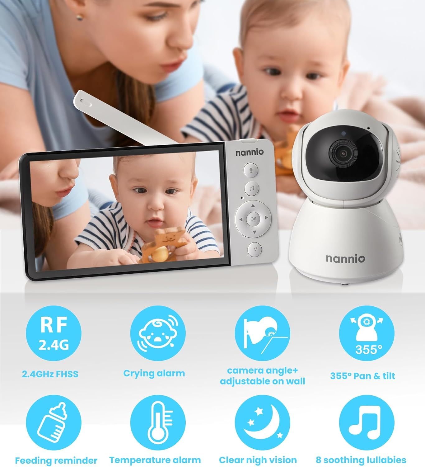 Nannio New Comfy 5'' HD No Wifi Baby Monitor with Camera, IPS Display, 5000Mah Battery, 1000Ft Long Range, Remote, Clear Night Vision, 2-Way Audio, Temp Sensor, Ideal Baby Gifts (Nannio New Comfy 5'') image number 6
