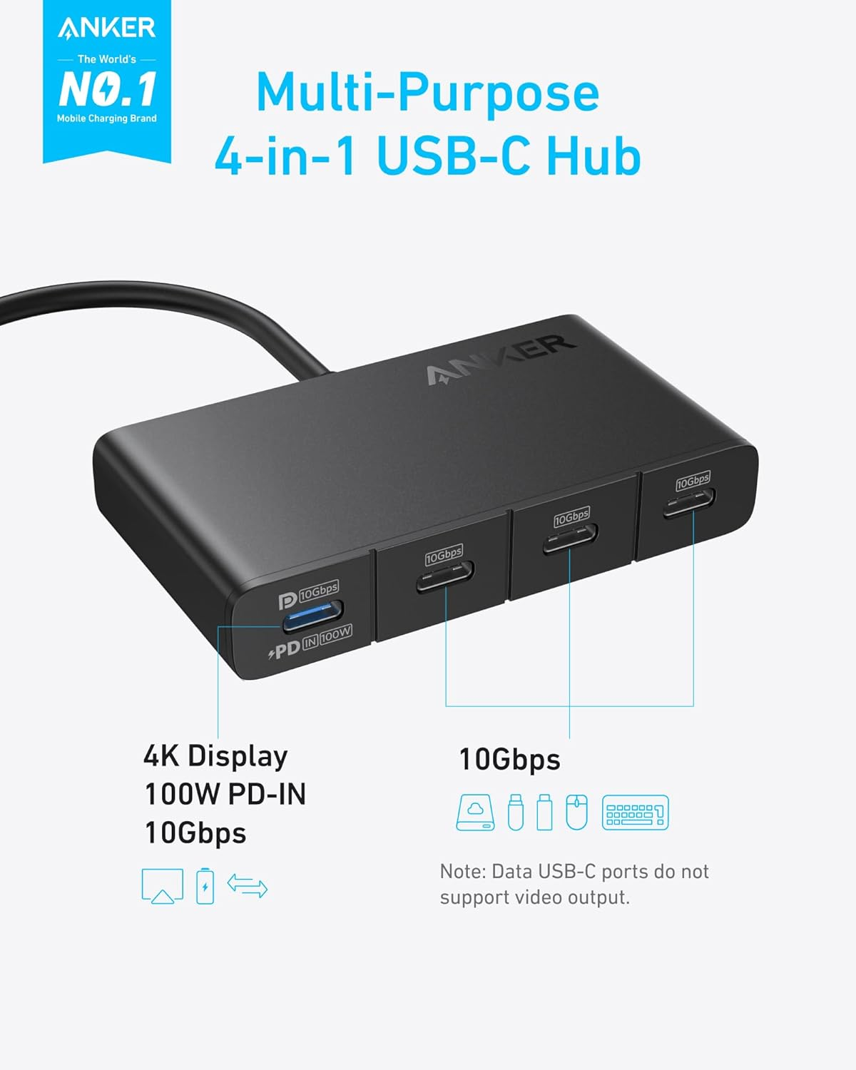 Anker USB-C Hub, Fast 10Gbps USB 3.2 Display Hub, USB-C to 4-Port Hub with 100W Max Pd-In for Macbook Pro, Ipad, Iphone 15, Surface Pro, Dell and More image number 4