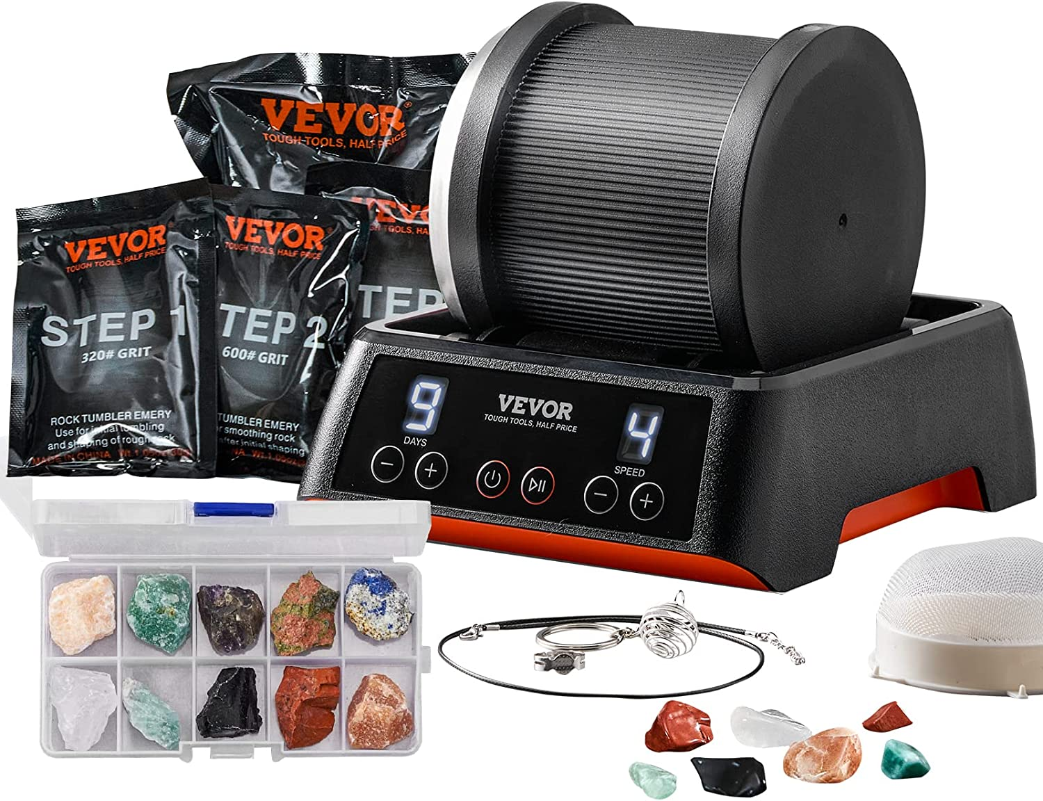 VEVOR Direct Drive Rock Tumbler Kit, 4-Speed/9-Day Timer, Professional Rock Polisher with Rough Gemstones/Grits/Jewelry Fastenings, Stone Polishing Kit for Family Fun Time, STEM Adults Kids image number 4
