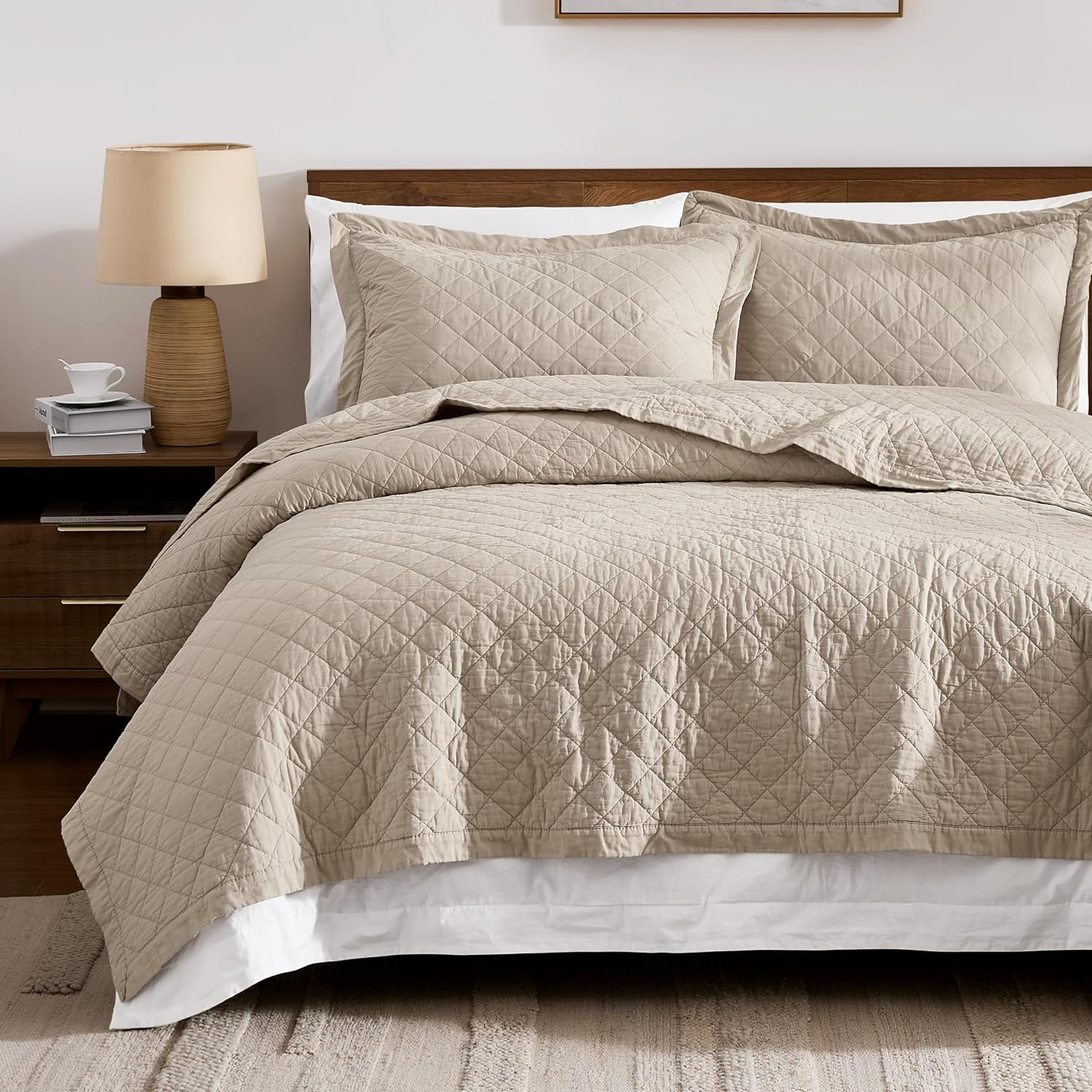 WDCOZY 100% Pre-Washed Cotton Oversized King Size Quilt Set - White California Cal King Soft Lightweight Bedspread, Textured like Linen, Farmhouse Country Rustic Coverlet, Diamond Stitch Bedding