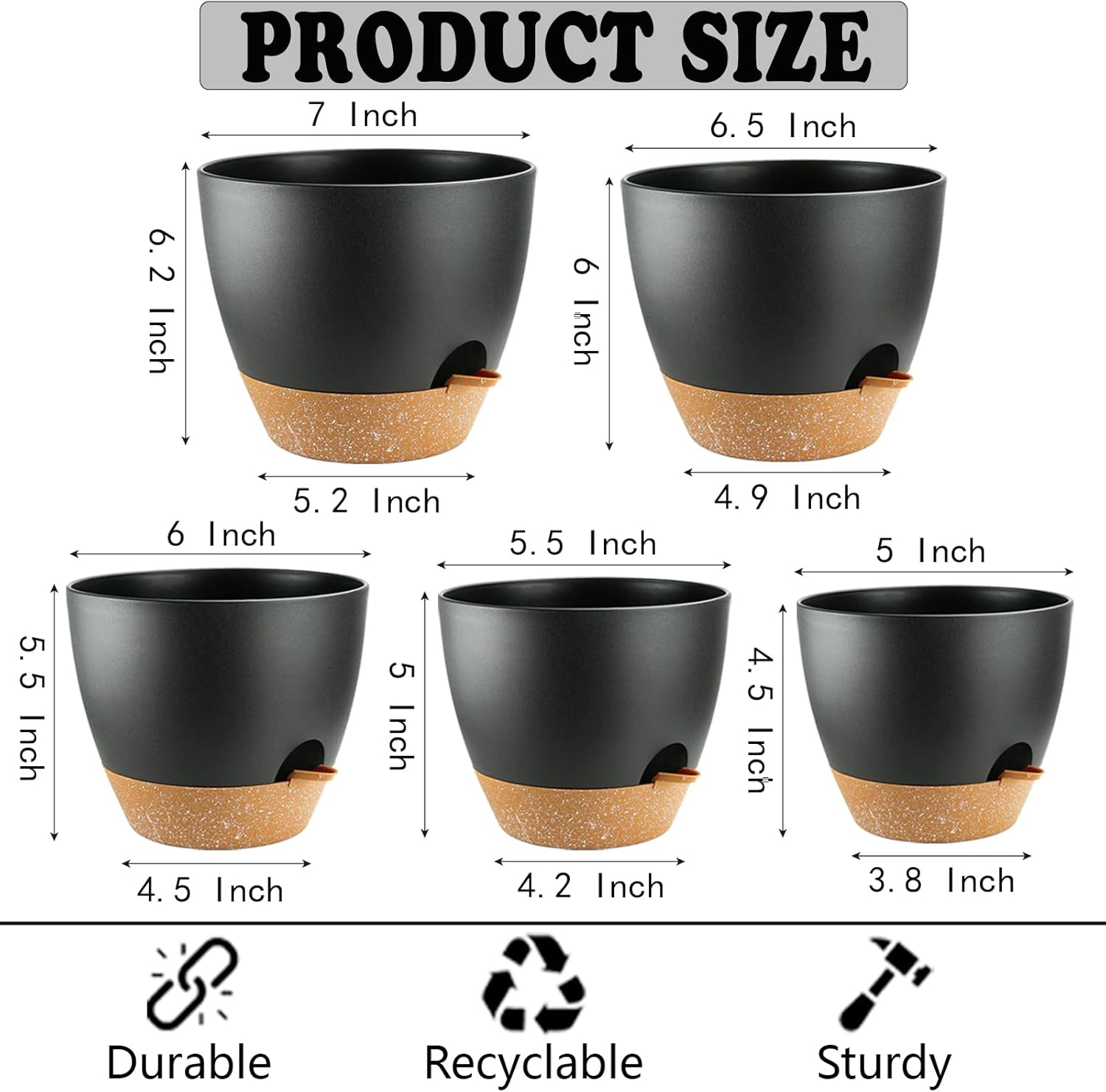 Self Watering Plants Pot with Drainage Hole, Flower Plants Pots for Indoor & Outdoor, Black Plastic Self Watering Planters Succulent Pot 5Pcs/Set image number 3