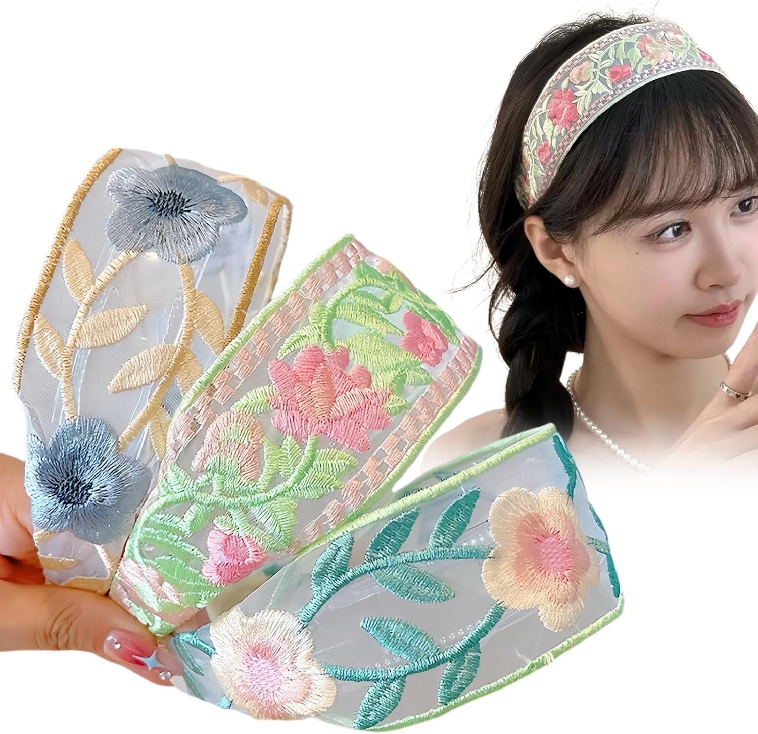 Ypkia Pack of 3 Vintage Embroidered Flowers Headband Women'S Wide Edge Fabric Lace Hair Band Hair Accessory for Women image number 1