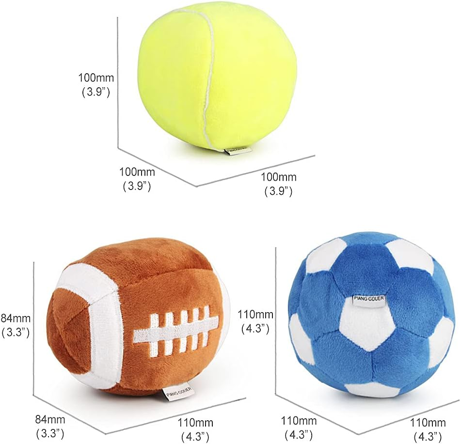 Pack of 3 Dog Toys for Medium Dogs, Puppy Toy for Small Dogs, Rugby Ball, Football and Tennis Balls for Dogs, Filled with Fluffy Squeaky Dog Toy, Puppy Toy for Outdoor Use