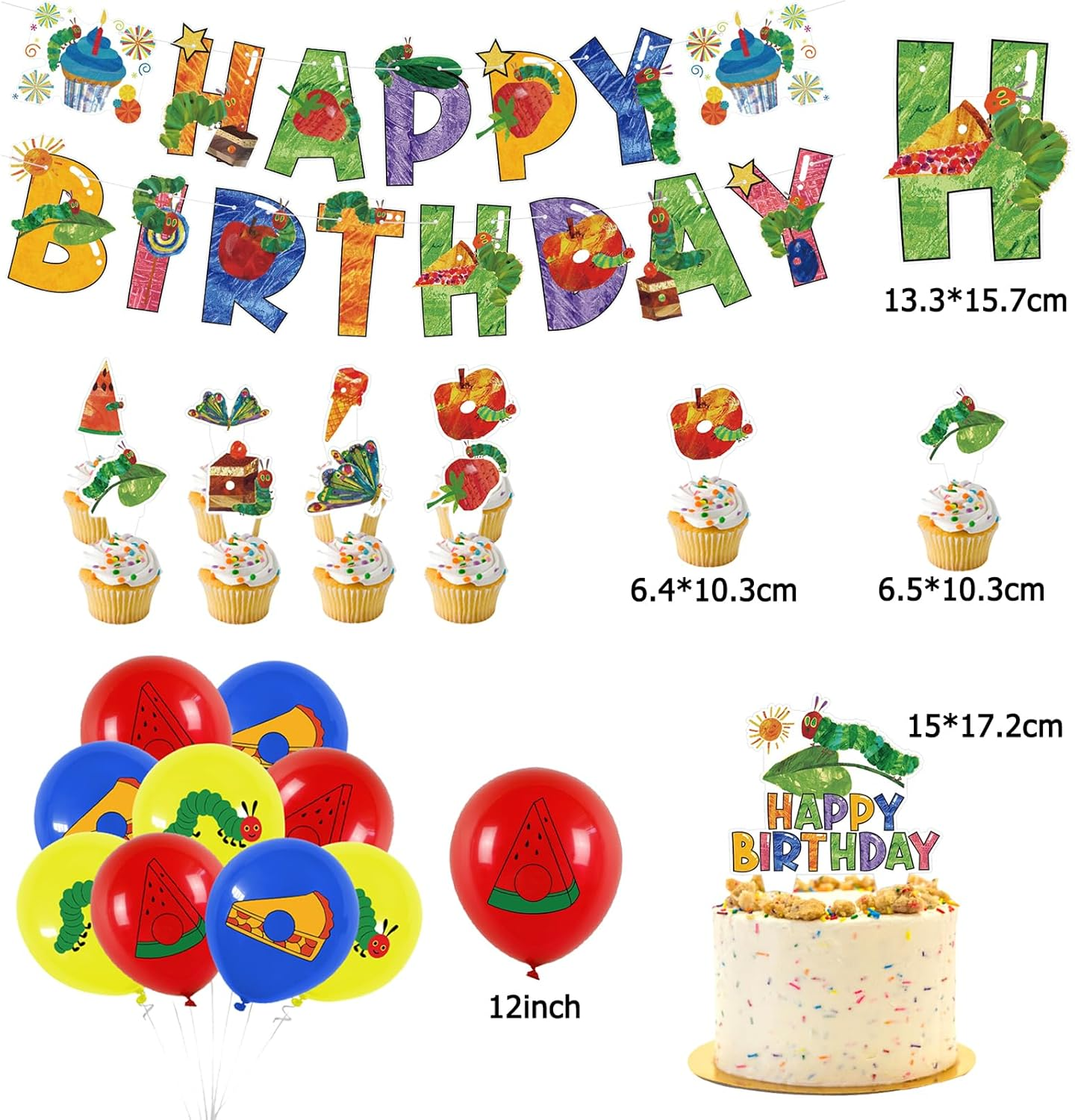 The Very Hungry Caterpillar Birthday Balloons, Banner, Cake Toppers - Bright, Cartoon, Includes Balloon Bow image number 2