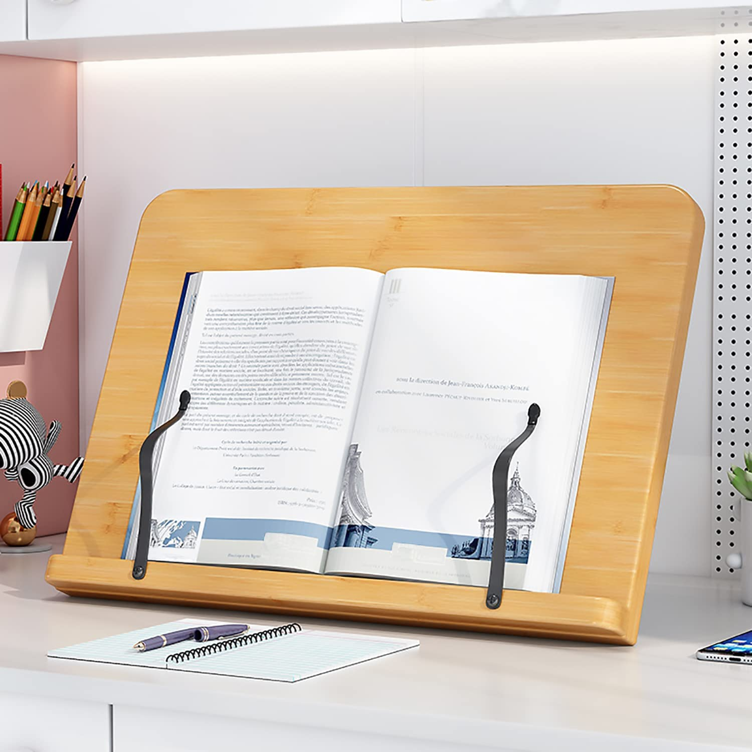 Desktop Bamboo Book Stand with Adjustable Six Angles, Portable Cookbook Stand with Flexible Page Holder Clips, Recipe Stand, Foldable Reading Holder Stand (Medium, Size: 34 X 24 Cm)