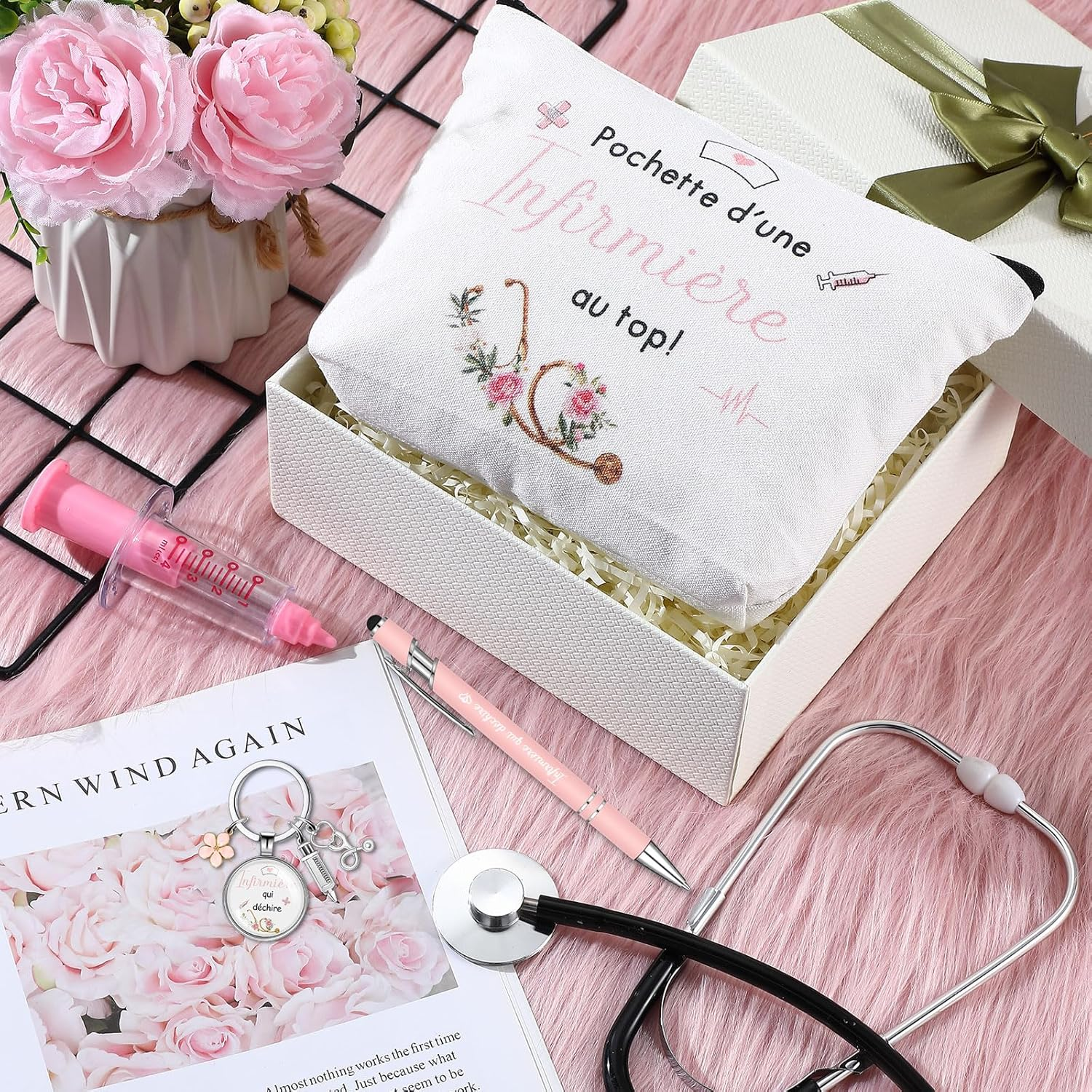 Xuniea Nurse Gift 1 Toiletry Bag 1 Keyring with Flowers, Syringe and Stethoscope 1 Ballpoint Pen Gift for Thank You, Birthday and Christmas for Women Colleagues image number 2