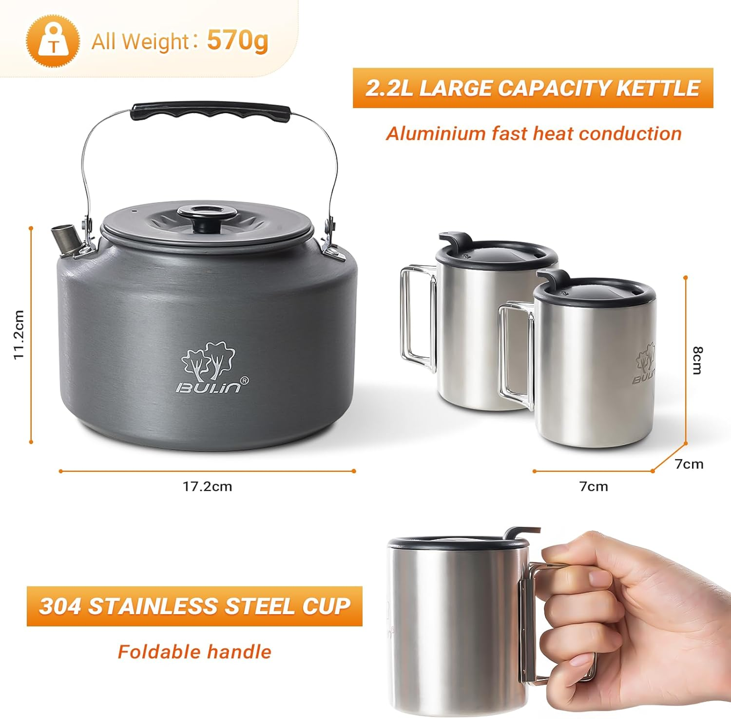 Bulin 2.2 L Camping Tea Kettle with 2 Cups Kettle Outdoor Stainless Steel Cup with Lid and Foldable Handle for Outdoor Picnic Hiking image number 1