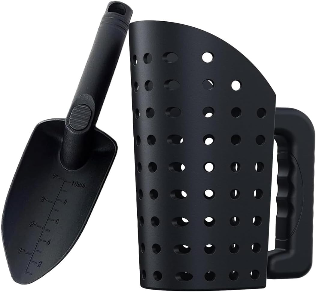 AIMALL Metal Detector Sand Scoop and Shovel Set &ndash; Heavy-Duty Plastic Beach Sand Sifter Tool with Detachable Handle, Ergonomic Grip, 10.82In Shovel, 9.84In Scoop image number 1