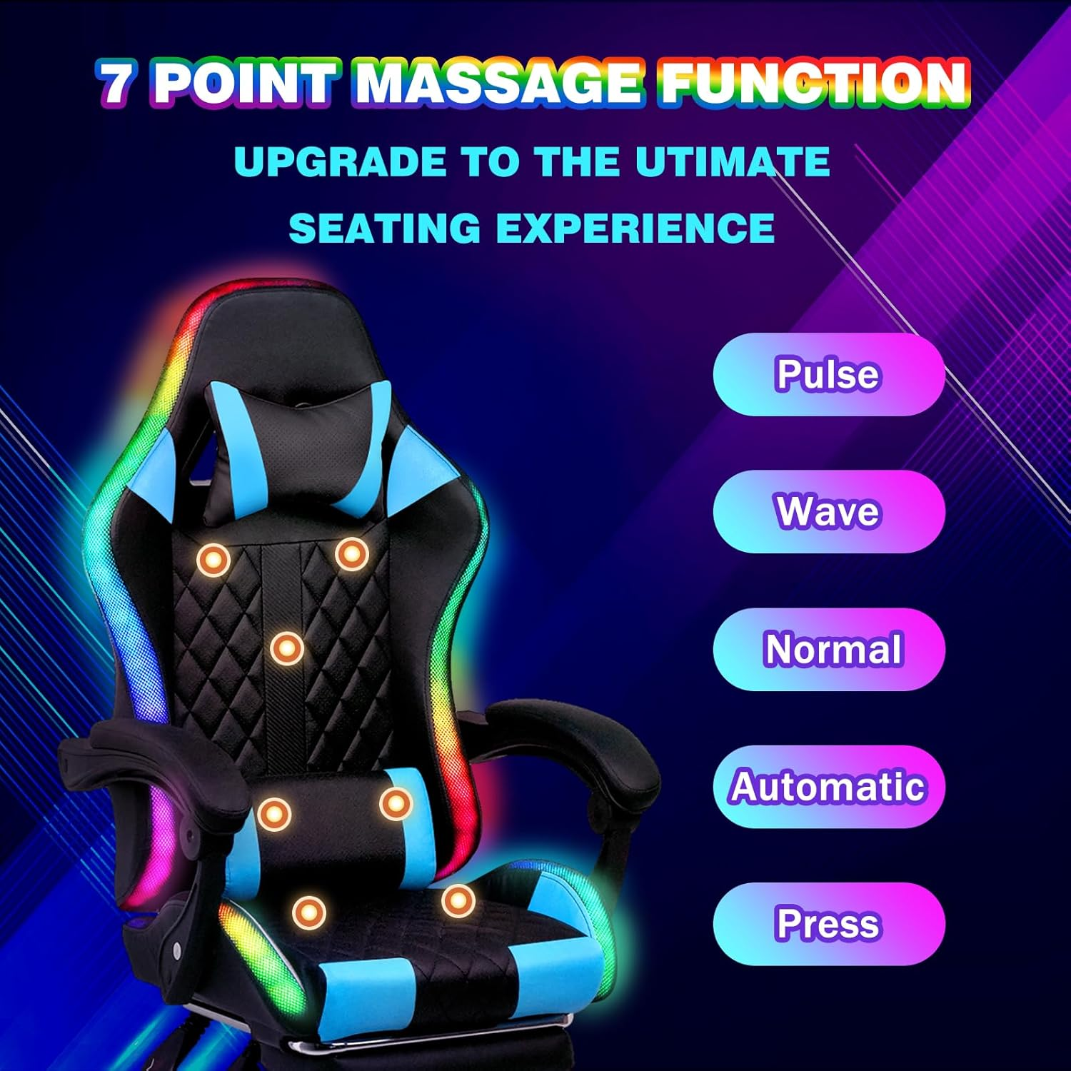 Advwin Gaming Chair with Massagers and LED Lights, Executive Office Chair with 135&deg; Recline, Racing Computer Chair with Footrest, Lumbar Support, Adjustable Height and High Back (Black & Blue)