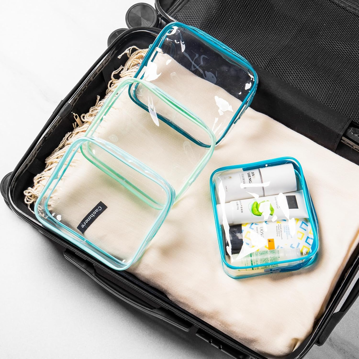 Gemice TSA Approved Toiletry Bag, 4 Pack Cosmetic Bag Clear Toiletry Bag Quark Size, Travel Essentials Water Repellent Travel Makeup Bags for Women Men, Carry on Airport Airline Compliant Bag (Blue)