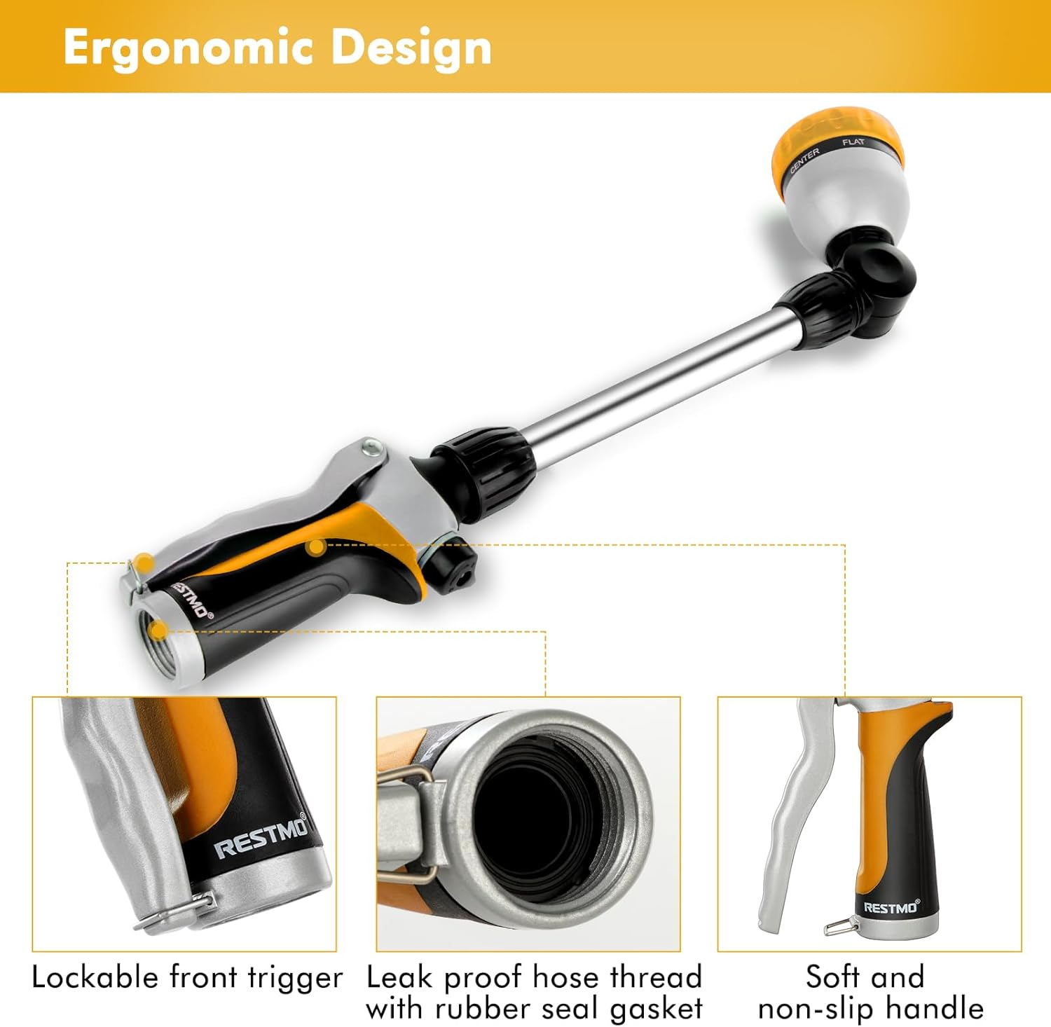 RESTMO Watering Wand Heavy Duty, Long Metal Spray Nozzle | 180&deg; Adjustable Ratcheting Head | 7 Spray Patterns Extension Hose Wand, Perfect Garden Sprayer Gun to Water Hanging Baskets, Shrubs, Yellow - Yellow image number 4