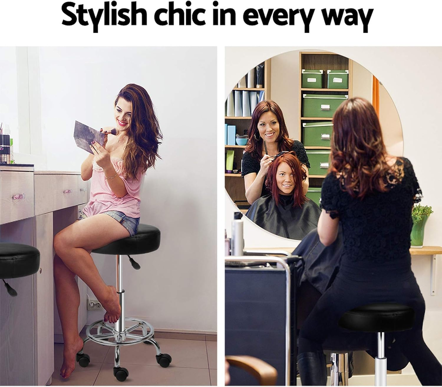 Artiss round PU Salon Stool, Bar Stools Swivel Lounge Drafting Chair Piano Guitar Seat Barber Chairs Outdoor Spa Indoor Home Office Kitchen Furniture, Adjustable Height Hydraulic Lift Black image number 2