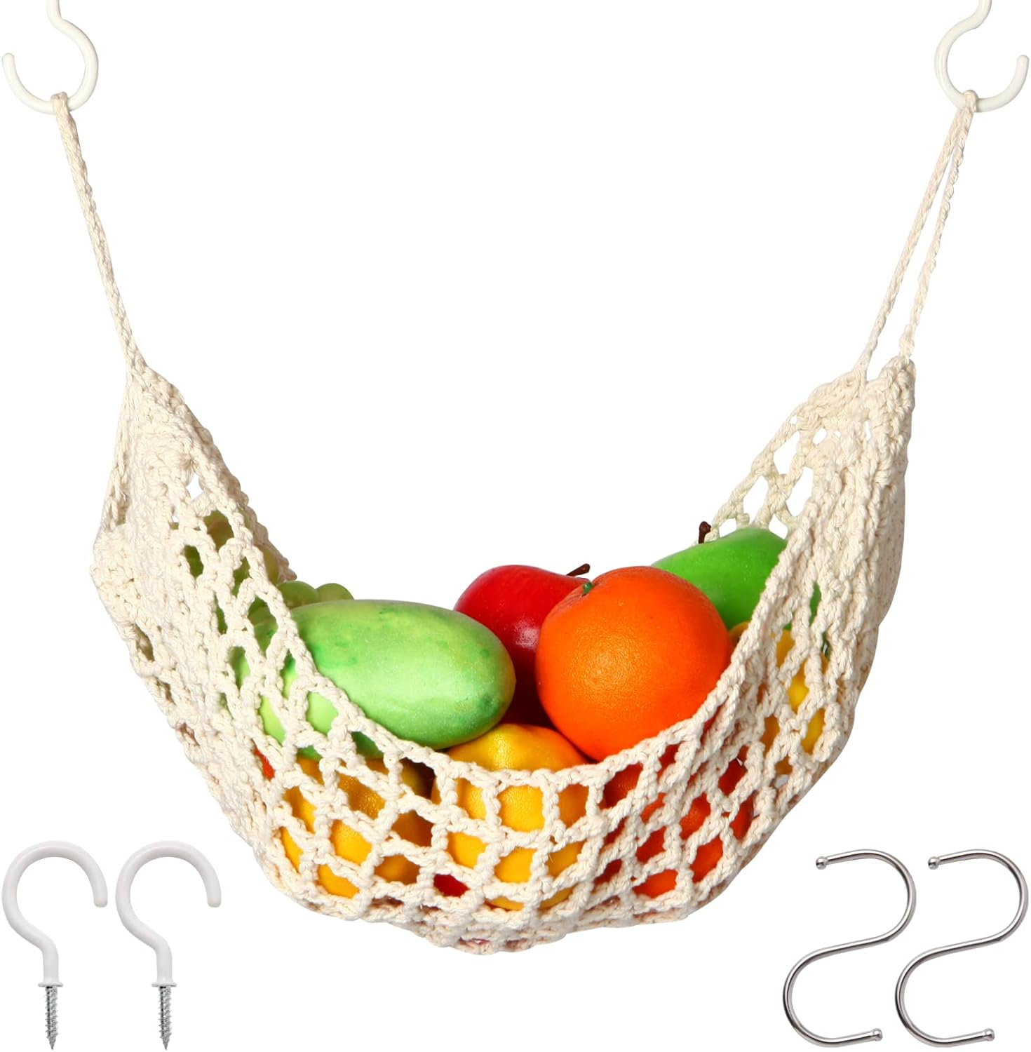 Hanging Fruit Hammock under Cabinet - Fruit and Veggie Basket - Macrame Fruit Hammock for Kitchen D&eacute;cor - Storage That Saves Counter for More Counter Space at Home, Boat, or Rv,With 4 Hooks.