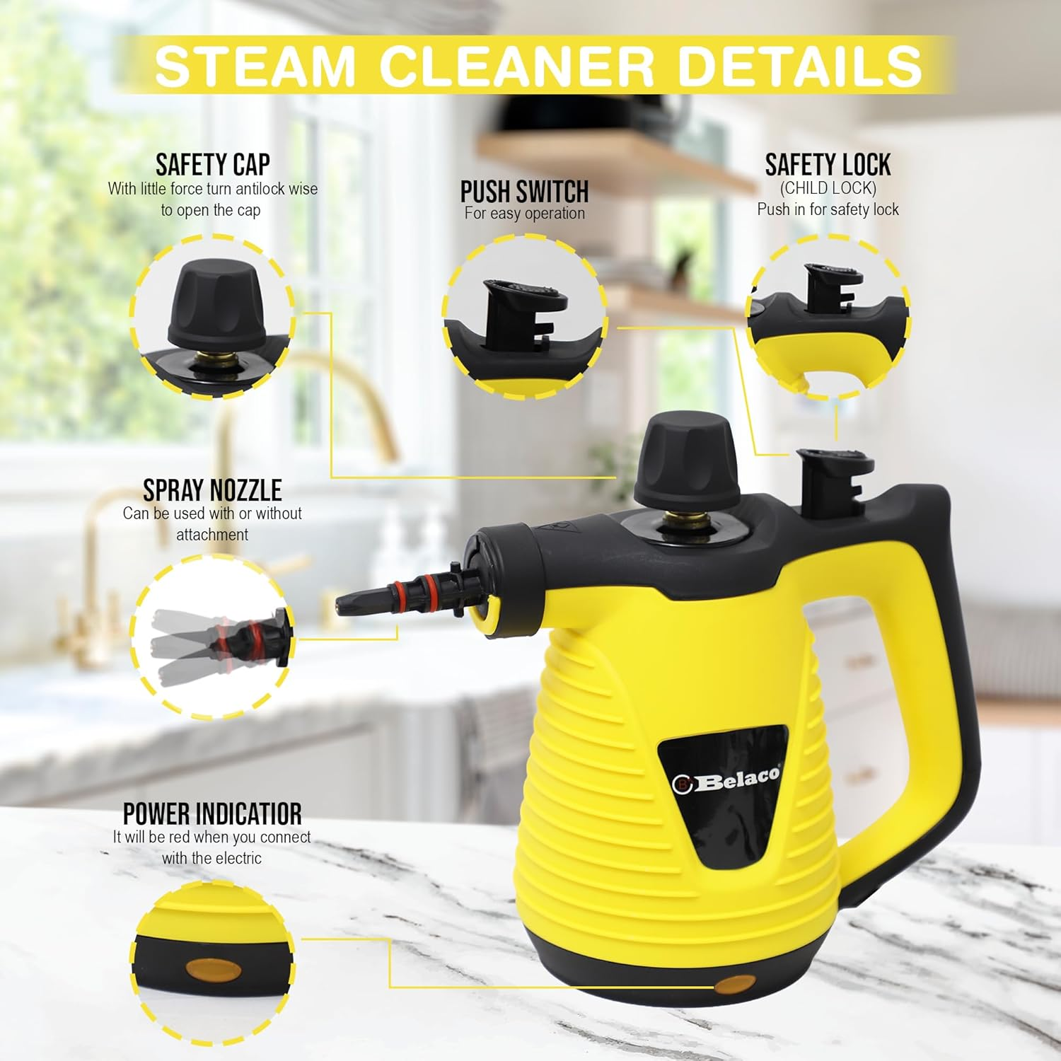Belaco Multipurpose Steam Cleaner Handheld with 9 Pieces Accessory Kit for Multipurpose Yellow Portable Steamer for Stain Removing Tiles Kitchen Bathroom Garment Car Seats & More 1050W British Plug image number 2