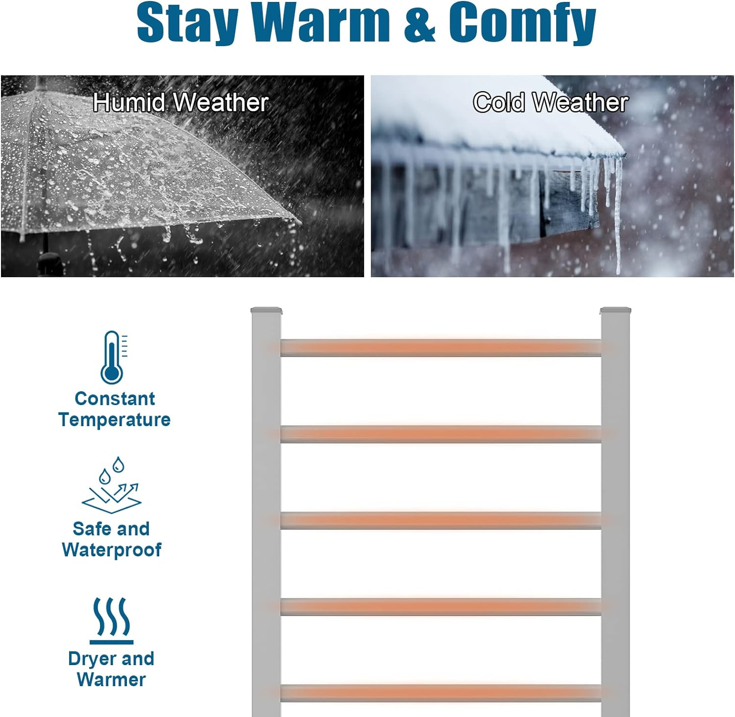 Electric Towel Warmer Rack 6-Bar Standing Heated Rail with Timer Electric Free-Standing Towel Rack 53.5L*35W*90H Cm image number 4