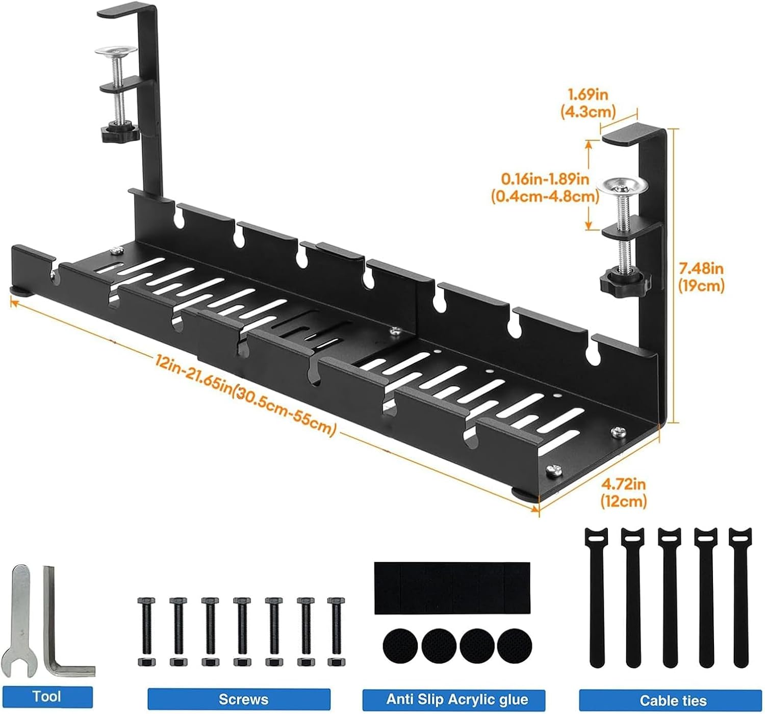 No Drilling Extendable under Desk Cable Management,Metal Cable Management Tray under Desk with Retractable Clamp for Wire Management, Sturdy Metal Tray Basket for Home Office(Color:Black) image number 2