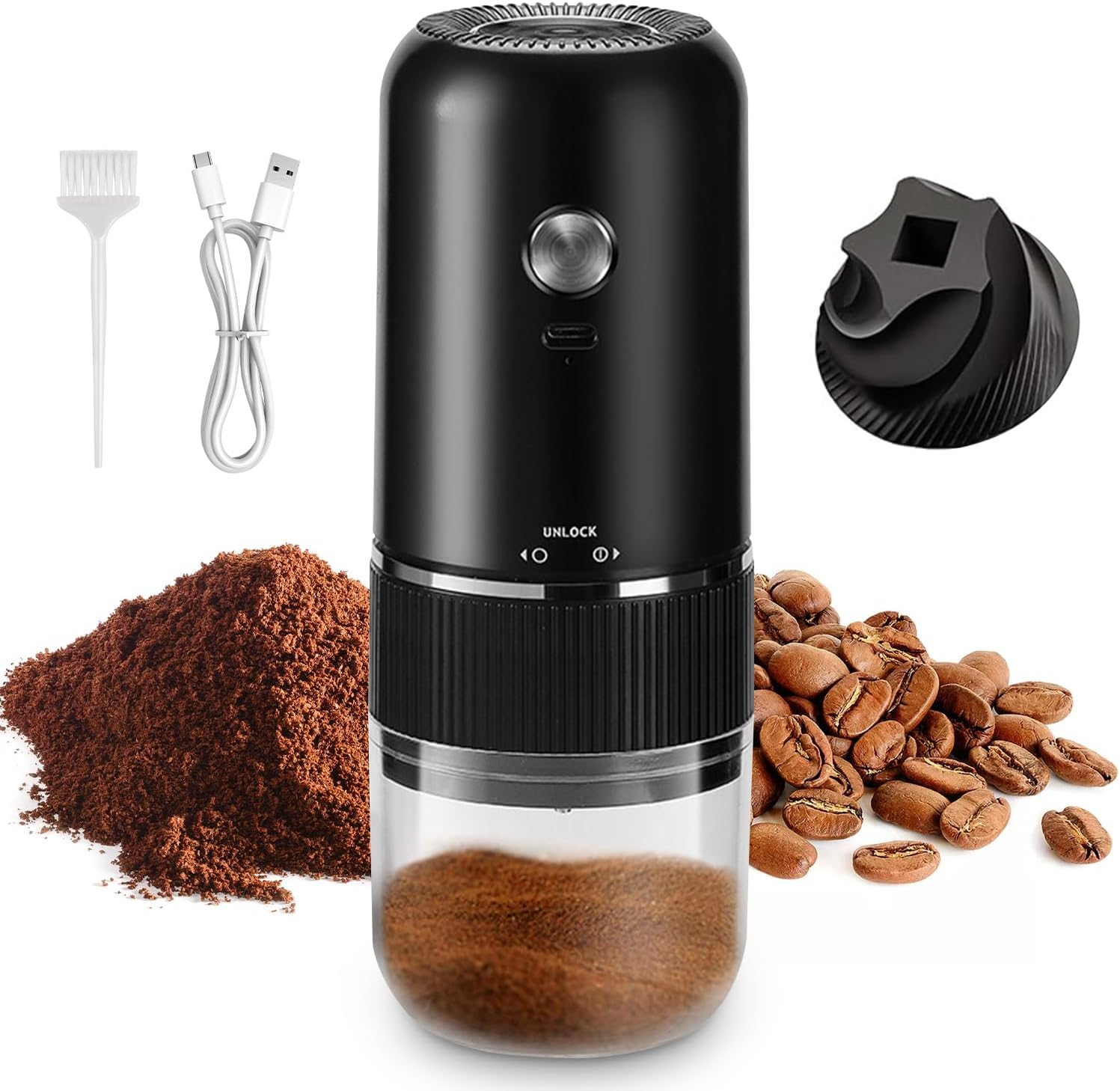 Yakiter Portable Electric Burr Coffee Grinder, Upgraded Version Rechargeable Coffee Bean Mill with Adjustable Precision Grinding, One Touch Button Push Button Operation with Brush(Black) image number 1