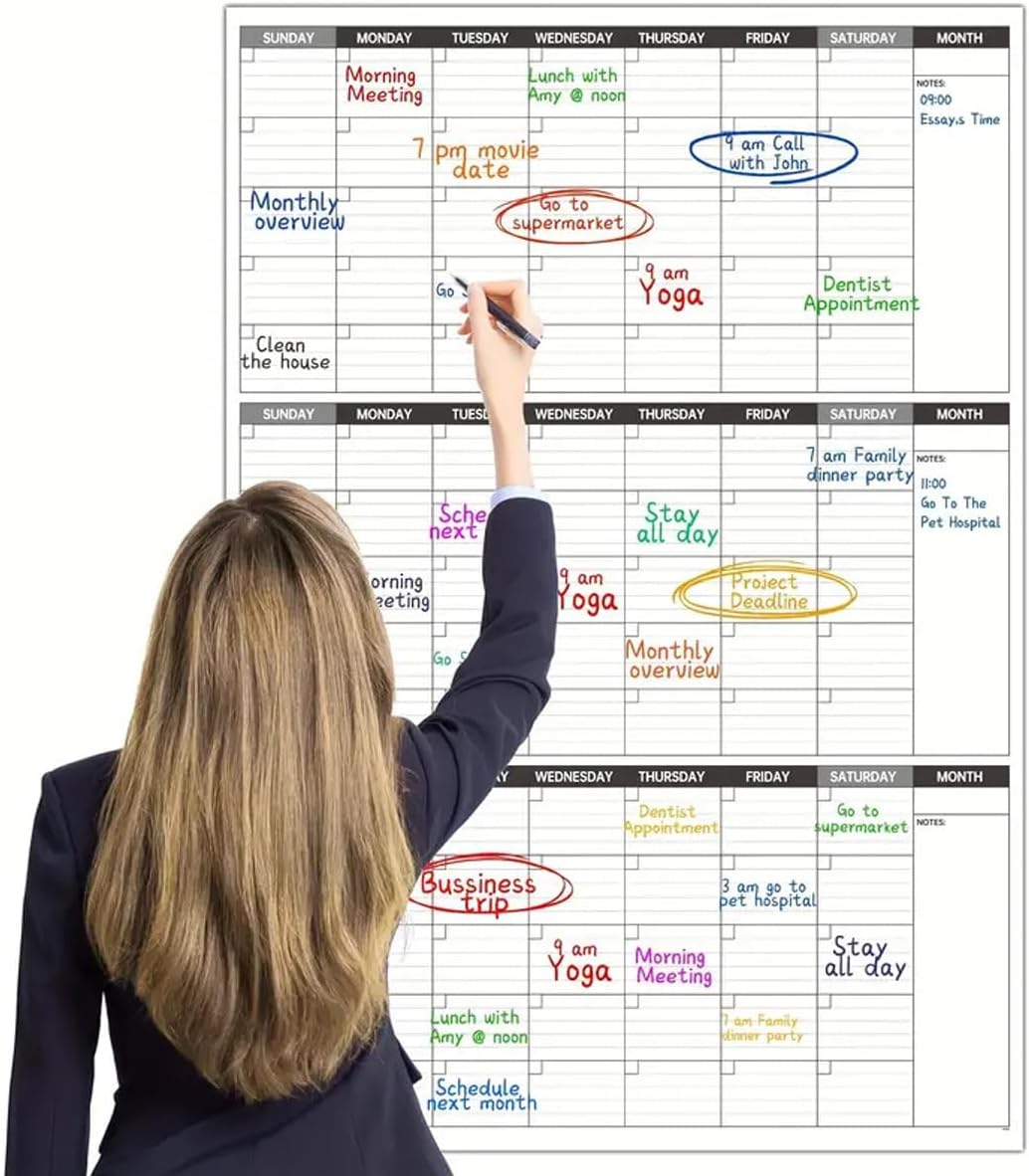 Haakhui Undated 3 Month Dry Erase Wall Calendar Large Monthly Planner with Notes Section, 48" X 32",Waterproof and Stain-Resistant,Good for Home, Office, Classroom, Blank Reusable Calendar Planner image number 1