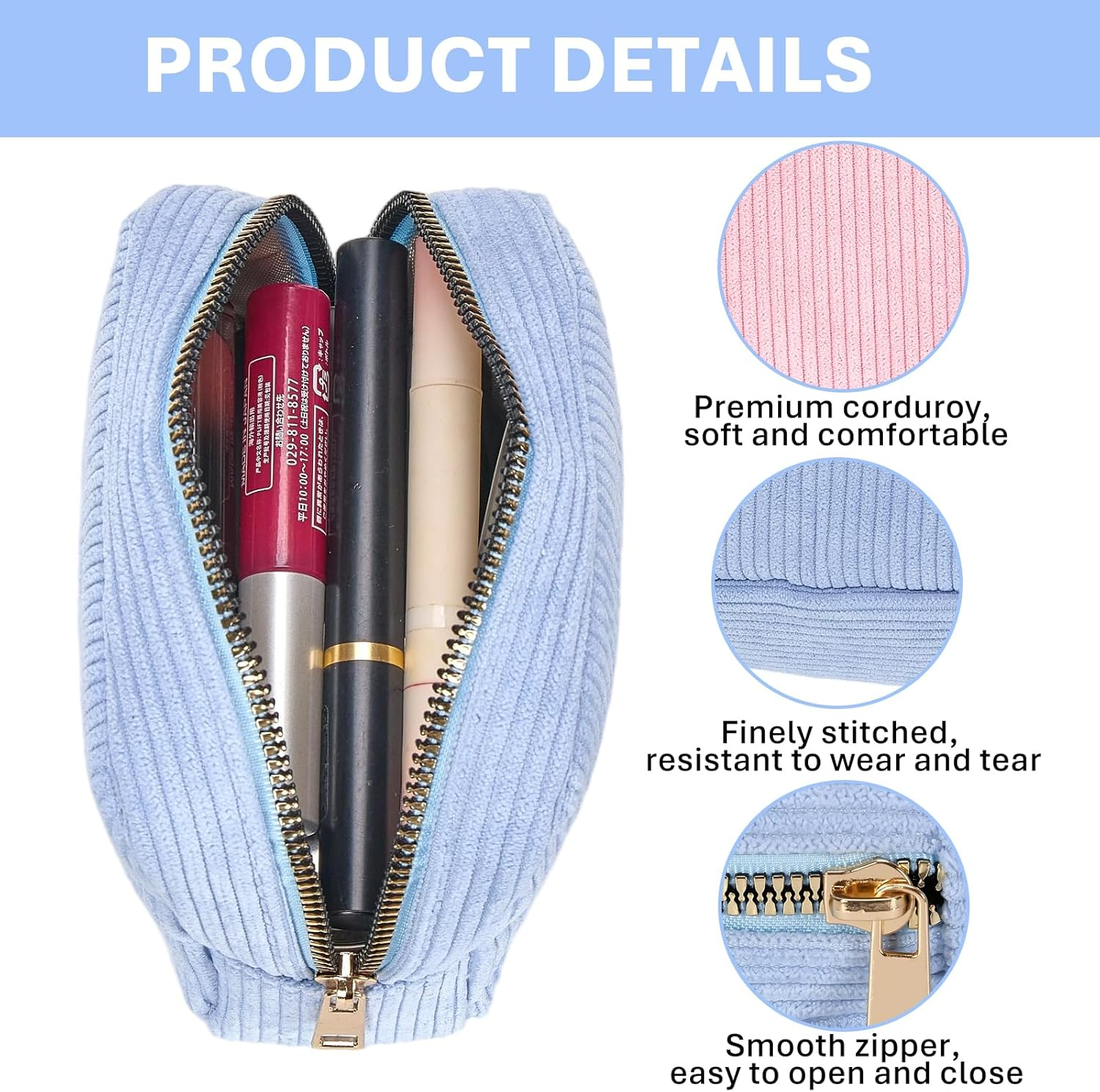 Pack of 2 Small Cosmetic Bags, 12 X 5 X 12 Cm Make-Up Bag, Small Mini Make up Bag with Metal Zip, Cord Toiletry Bag for Cosmetics, Skincare and Toiletries (Pink, Blue) image number 1