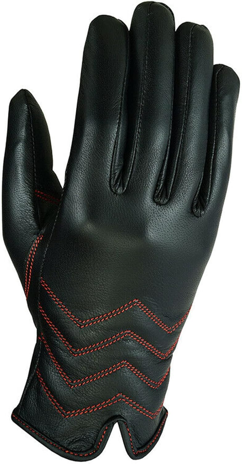 Leatherick Ladies Genuine Sheepskin Leather Gloves - Soft Liner Motorcycle Black Gloves with Red Threaded Double Stitching for Travel and Riding image number 1