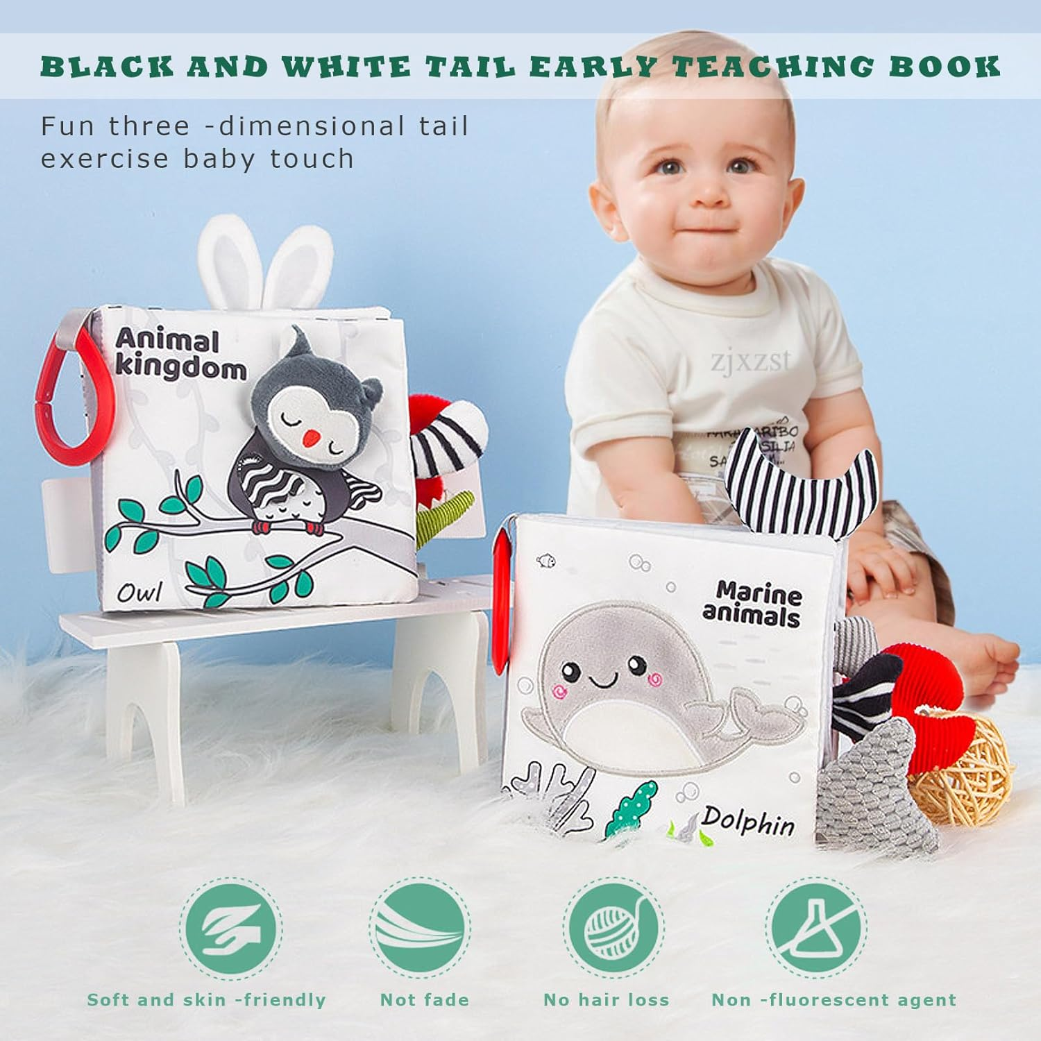 2Pcs Soft Baby Book Black and White High Contrast Animals Tails Book Bath Book Montessori Sensory Stroller Toy Non-Toxic Crinkle Washable Early Education for Baby Infant Toddler image number 4