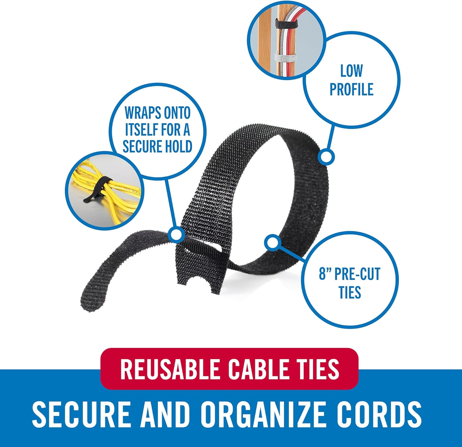 VELCRO Brand 150Pk Cable Ties Value Pack | Replace Zip Ties with Reusable Straps, Reduce Waste | for Wire Management and Cord Organizer | 8 X 1/2" Thin Pre-Cut Design, Black and Gray image number 5