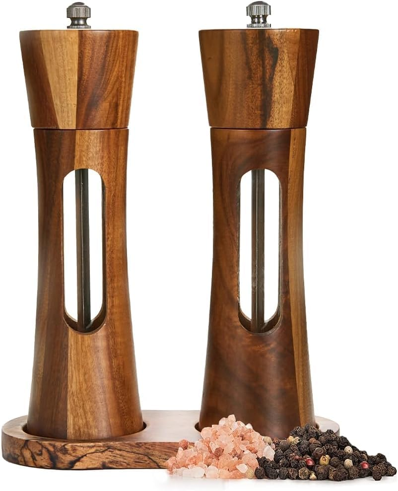 8 Inch Acacia Wooden Salt and Pepper Grinder Set with Tray, Manual Salt & Pepper Shakers with Adjustable Coarseness, Salt and Pepper Mills image number 4