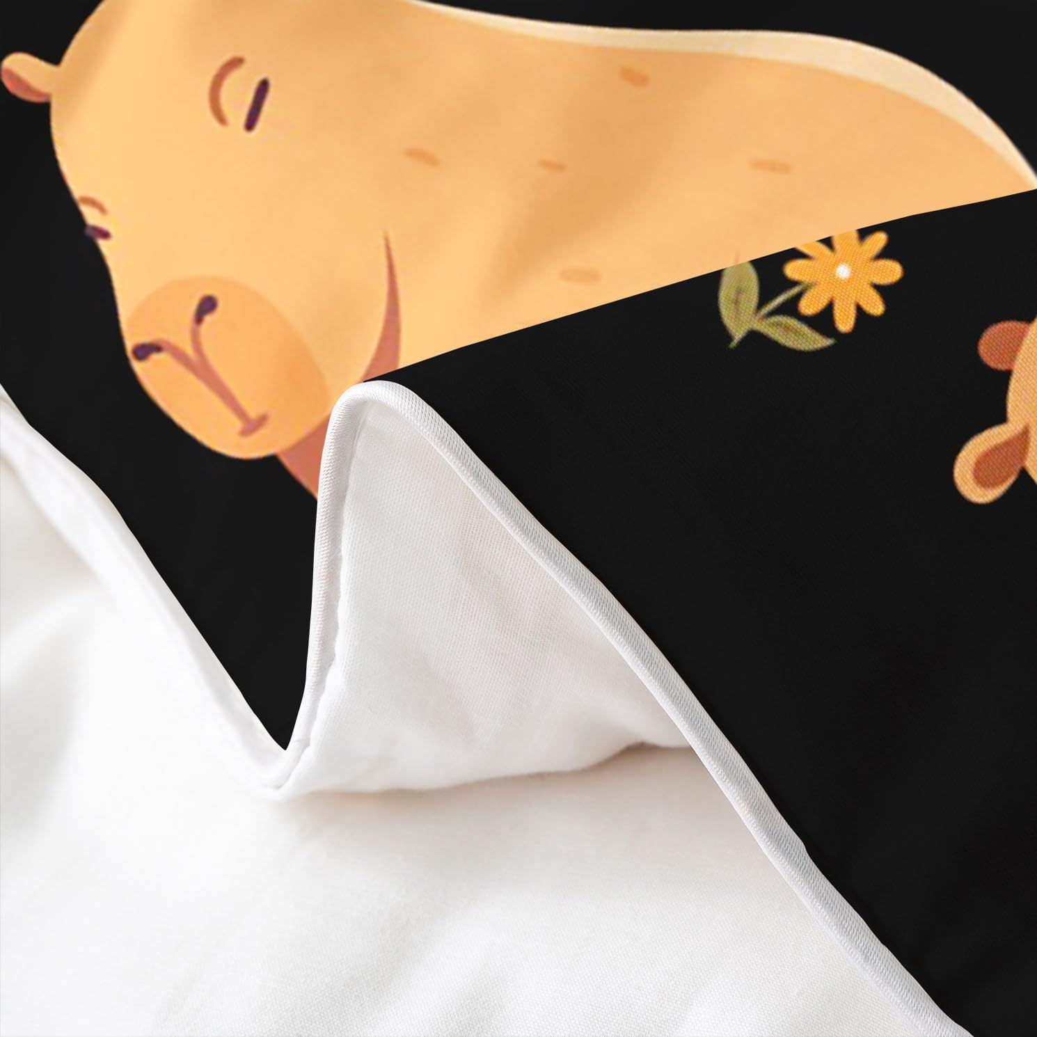 100% Cotton Capybara Bed Linen Set, 200 X 200 Cm, Capybara Lovers Duvet Cover, Cartoon Capybara Cup Animals Lovers, Comfort Cover, Botanical Flowers, Comfort Quilt Cover with 2 Pillowcases, Black image number 1