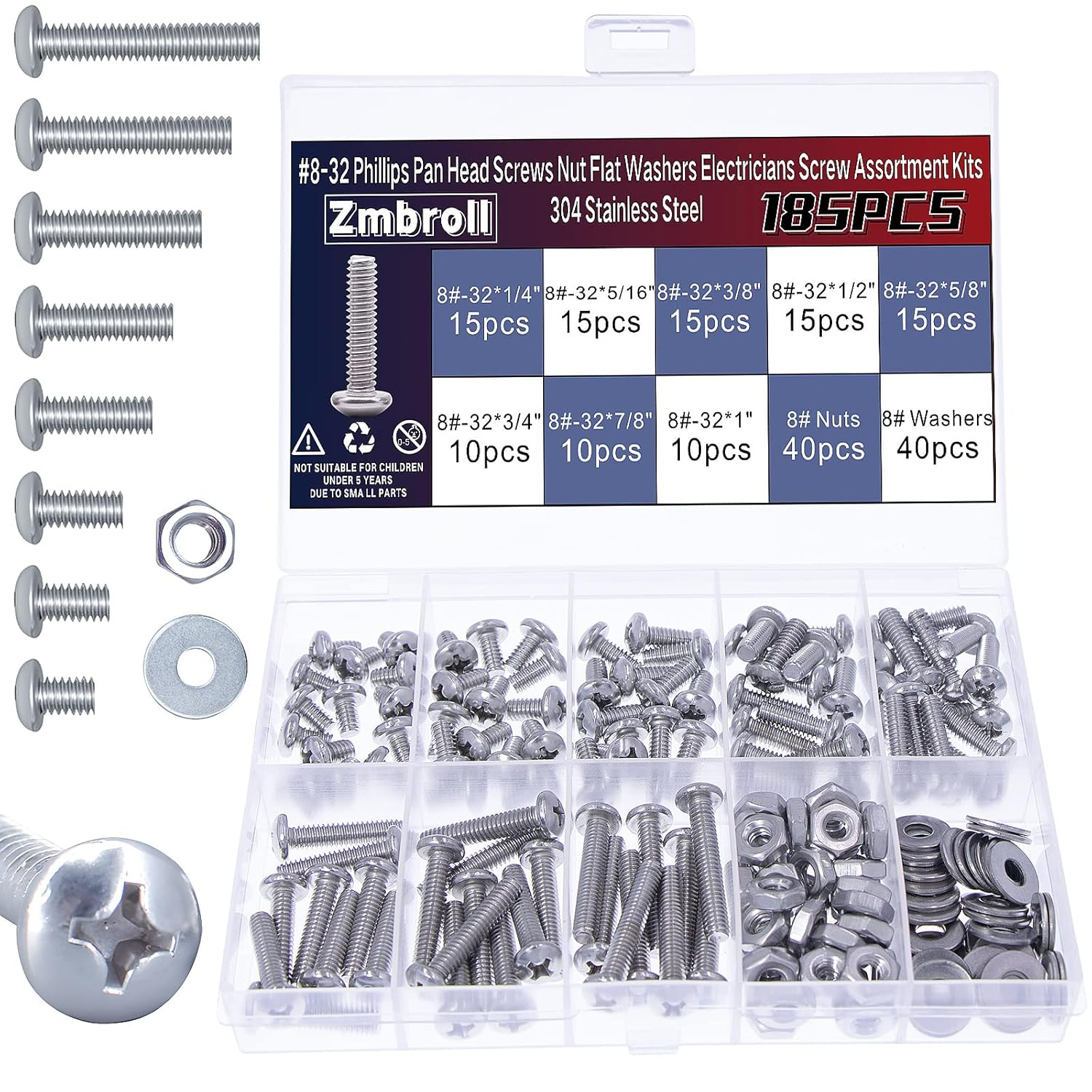 Zmbroll #8-32 185Pcs Phillips Pan Head Machine Screws 304 Stainless Steel Machine Screw Full Thread Fasteners Bolts Nuts and Washers Assortment Kit image number 4