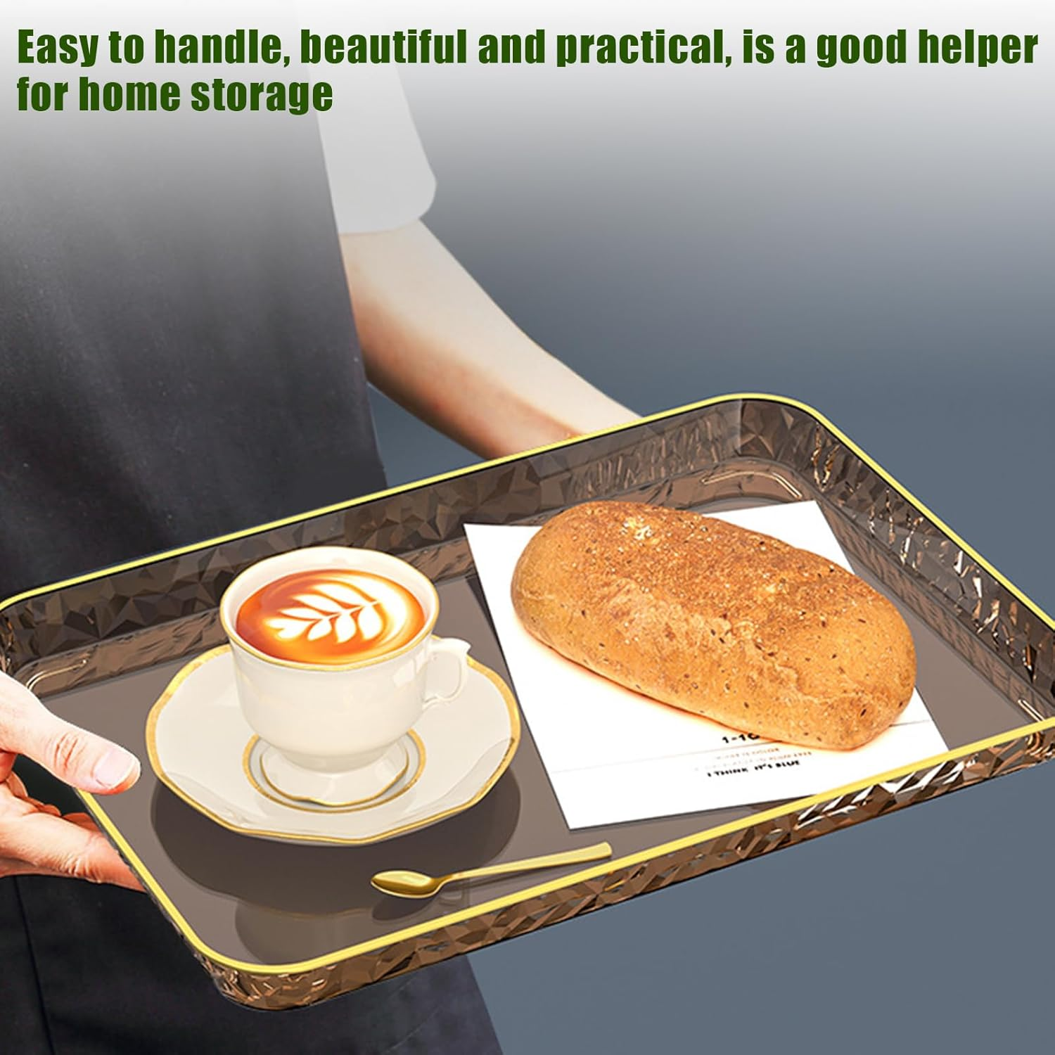 Fkereg Rectangular Food Serving Tray with Raised Gold Embossed Rim, 37 X 25.7 Cm Reusable Plastic Party Platters Plates, Decorative Fast Food Cafeteria Tray for Tea Fruits Desserts Appetizer, White image number 5