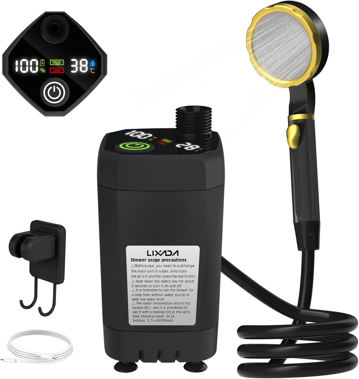 Eacam Portable Shower for Camping, 6000Mah Rechargeable Camping Shower with Digital Power & Temperature Display, Portable Shower for Camping, Beach, Hiking, Outdoor Travelling, Pet Cleaning