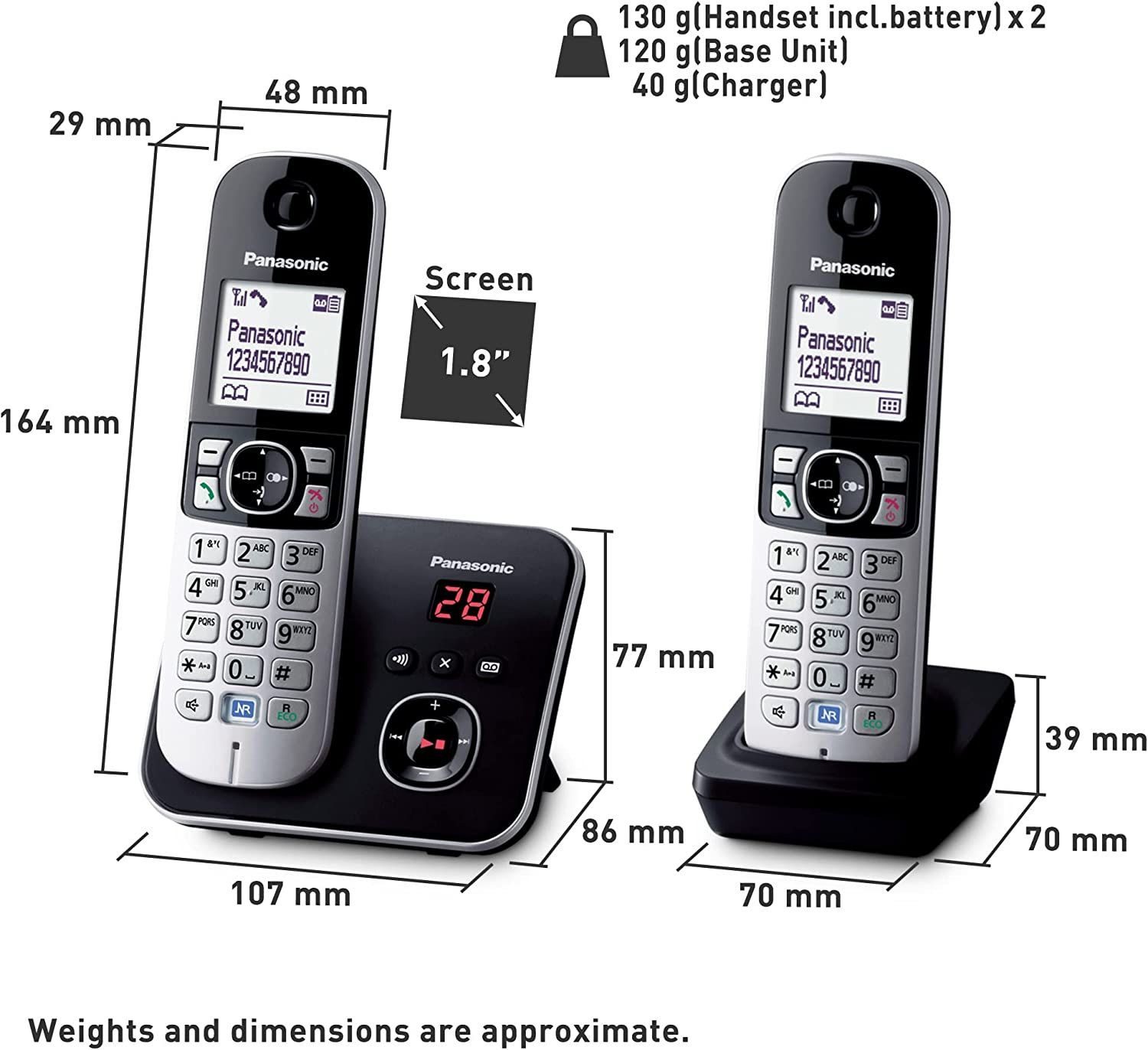 Panasonic DECT Digital Cordless Phone with Built-In Answering Machine and 2 Handsets (KX-TG6822ALB), Black & Silver image number 6