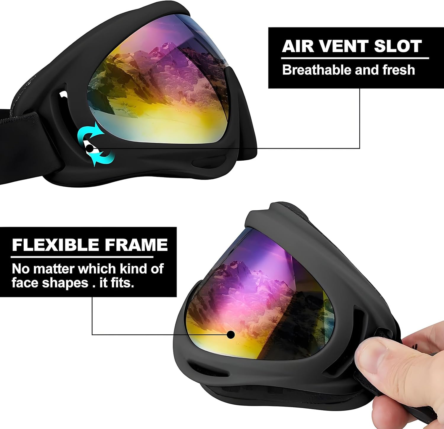 Ski Goggles, Motorcycle Goggles, UV Protection, Adjustable Snowboard Snow Goggles for Men, Women, Adult, Youth image number 2