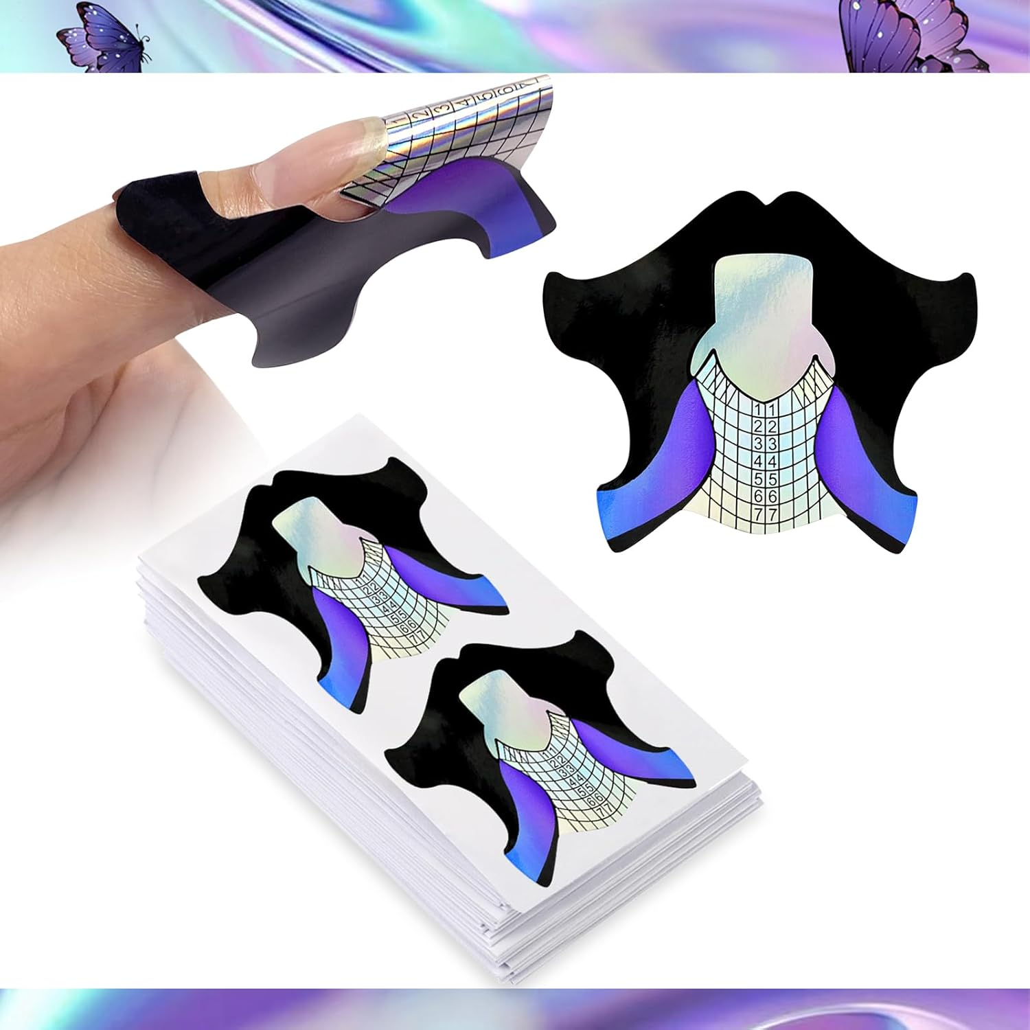 100Pcs Short Black Rainbow Purple Fish Patten Adhesive Nail Forms Guide for UV Gel Acrylic Curve False Nail Tips Extension,Hj-Ntf050 image number 6
