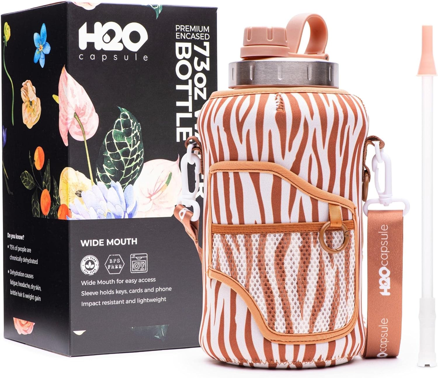 H2O Capsule 2.2L Half Gallon Wide Mouth Water Bottle with Storage Sleeve and Removable Straw - Hydration Tracker Jug with Measurements Marked &ndash; Shatterproof Bpa-Free, Jet Black