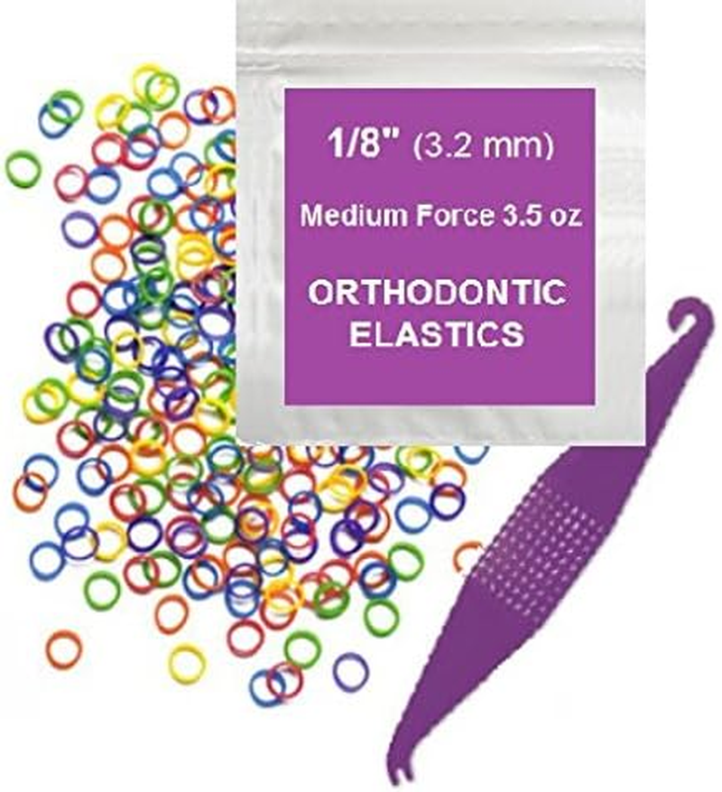 Orthodontic Elastic Rubber Bands 1/8 Inch - 100 Pack, Neon, Heavy Force 4.5 Oz - Dental Gap Fixer, Dreadlock Bands, 1 Elastic Placer Included