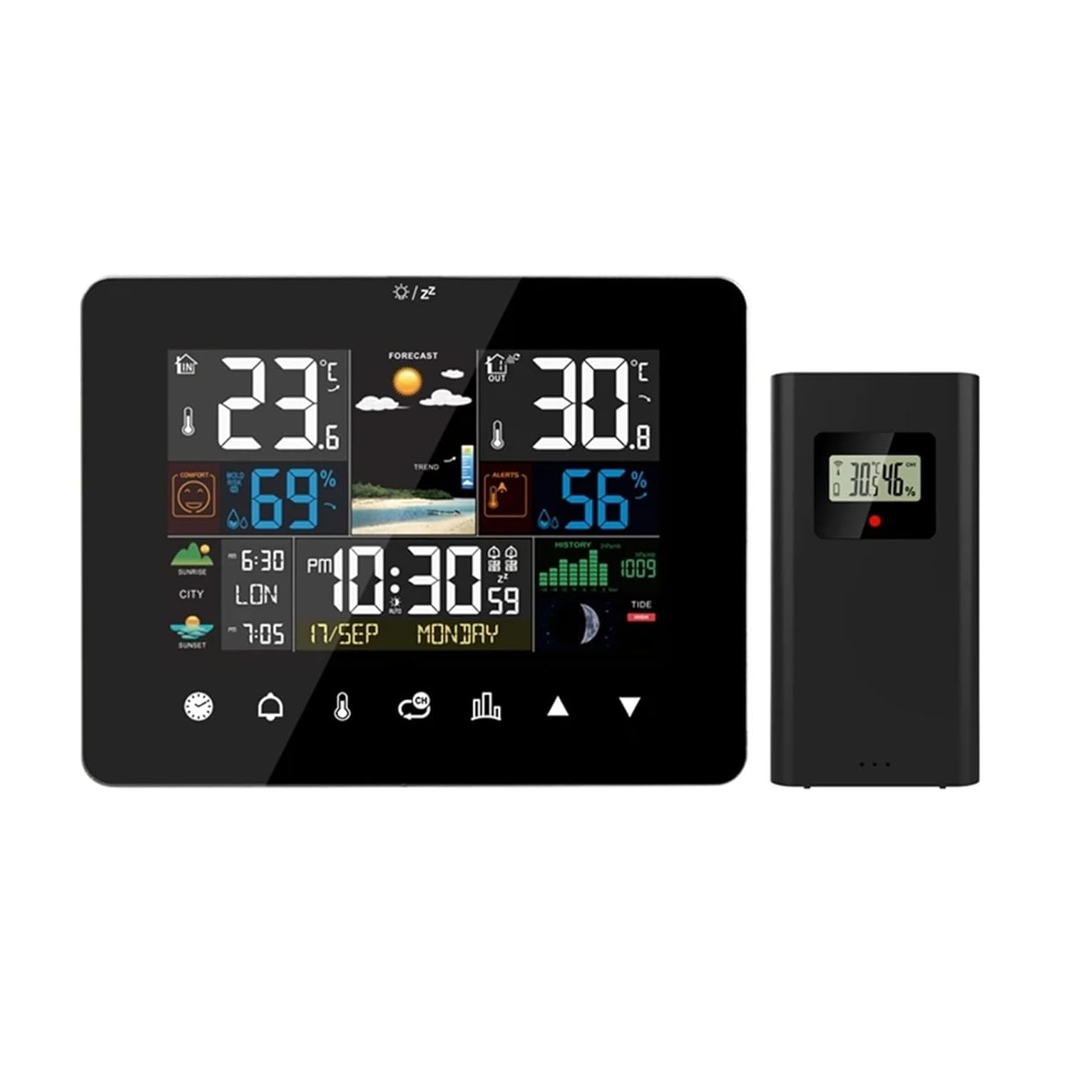 Weather Station Touch Screen Wall Clock Table Desk Moon Phases Tides Barometer Temperature Humidity Meter Outdoor Forcast Sensor image number 1