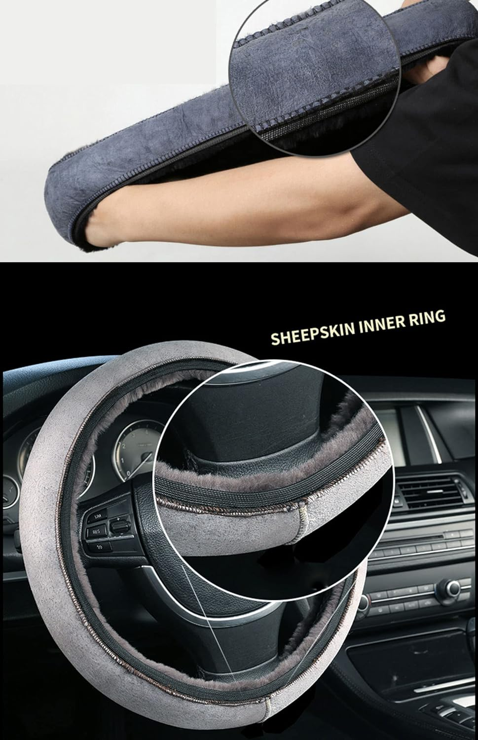 Bellesie Universal Warm Winter Genuine Wool Sheepskin Car Steering Wheel Cover Cushion Protector for 35Cm-43Cm Steering Wheel in Diameter (Light Grey) image number 5